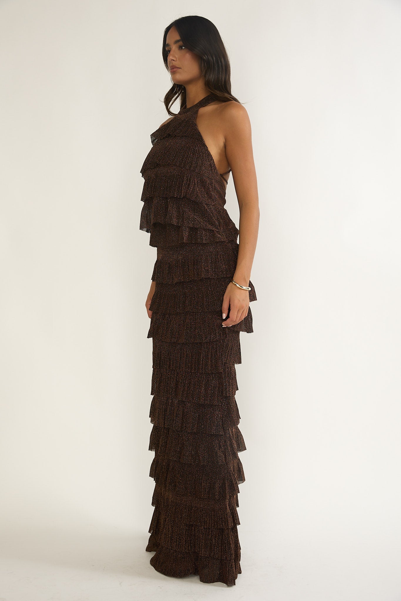 brown sleeveless dress Kaelia Tiered Halter Maxi Dress Sparkle Brown