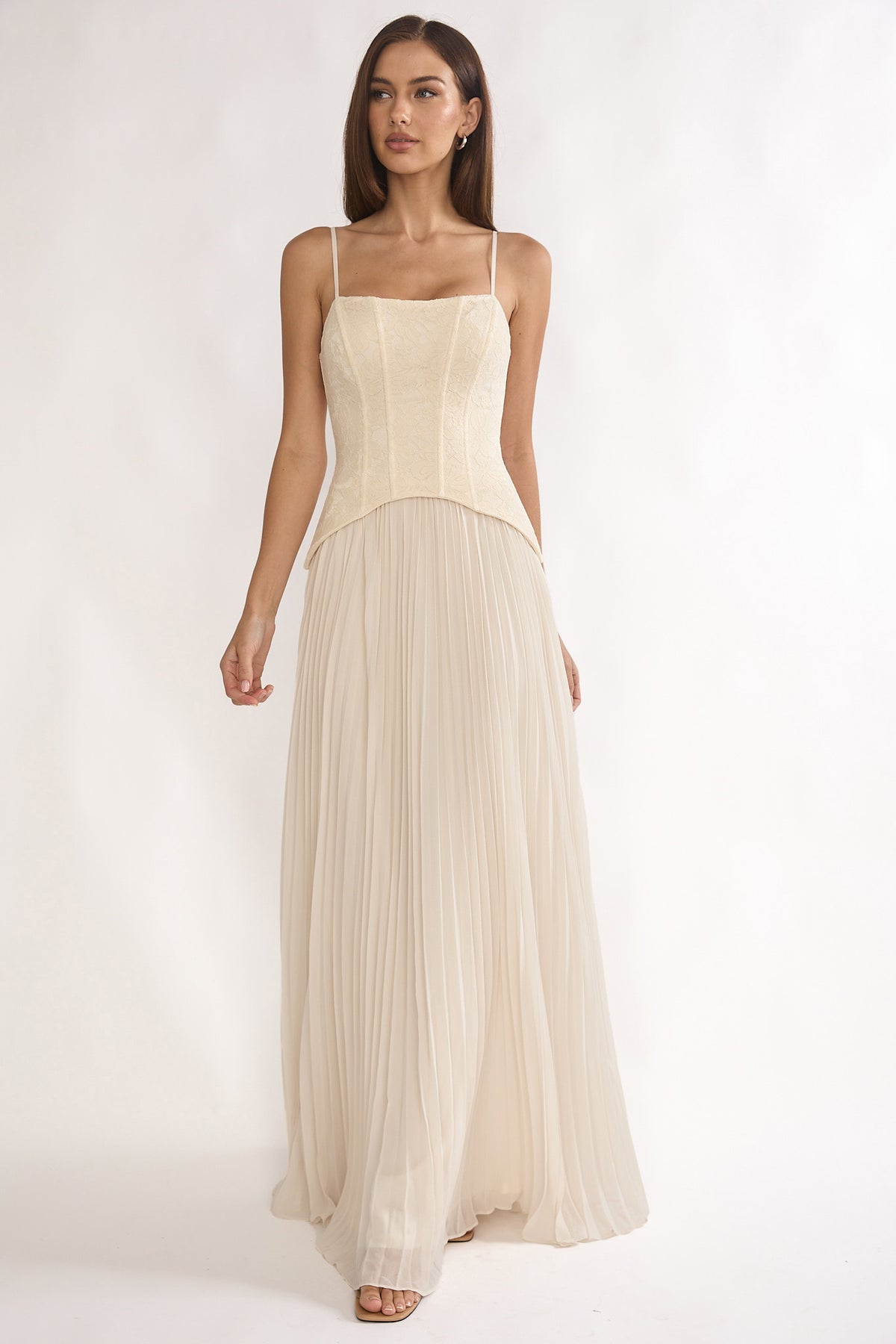 selfie leslie corset dress Cambridge Accordion Pleat Cream MATERIAL GROUP:Lace up back Zipper in Bridesmaid Rose Gold Shoes Size:1