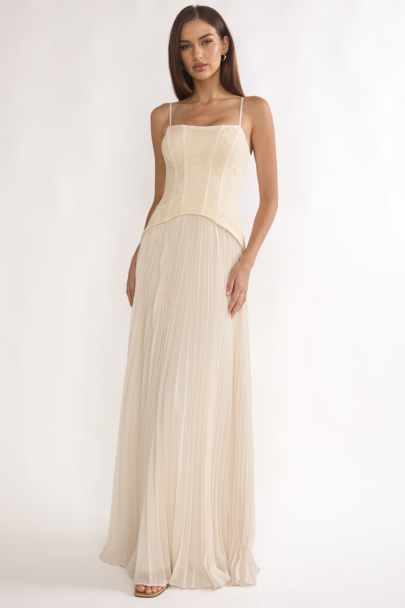Cambridge Accordion Pleat Corset Dress Cream by Selfie Leslie