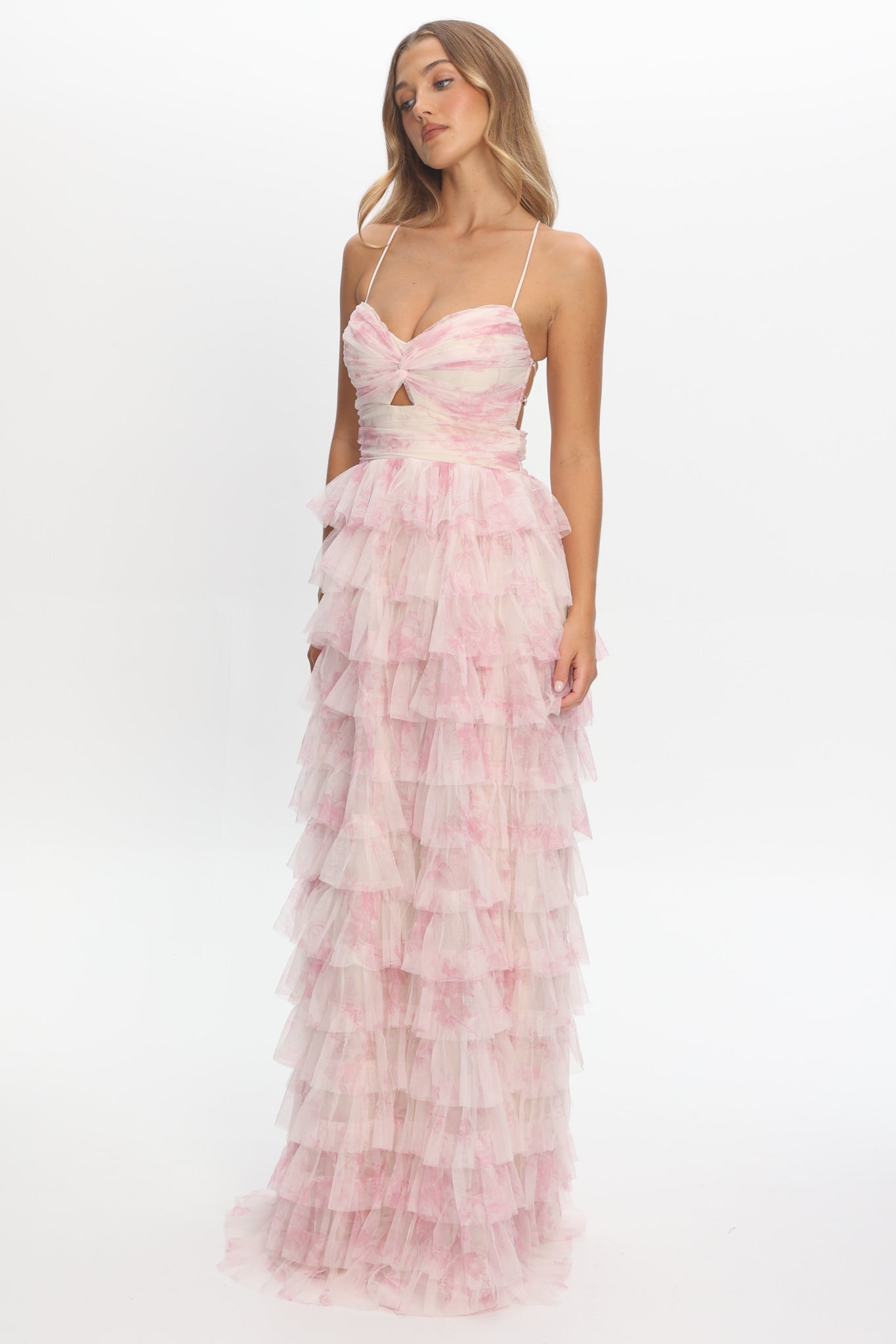 Cambridge Layered Frill Maxi Dress Floral Pink | Selfie Leslie