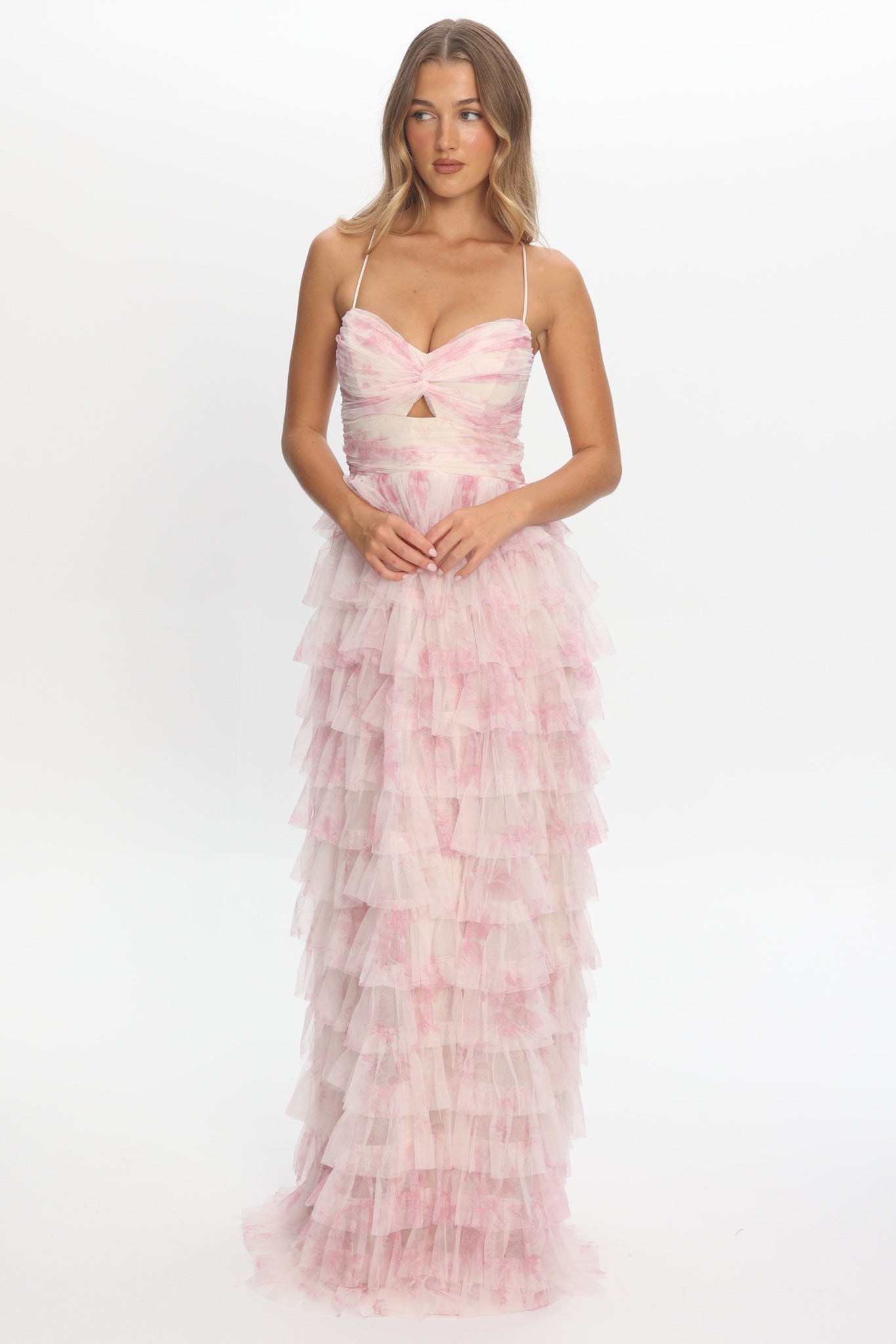 Cambridge Layered Frill Maxi Dress Floral Pink | Selfie Leslie