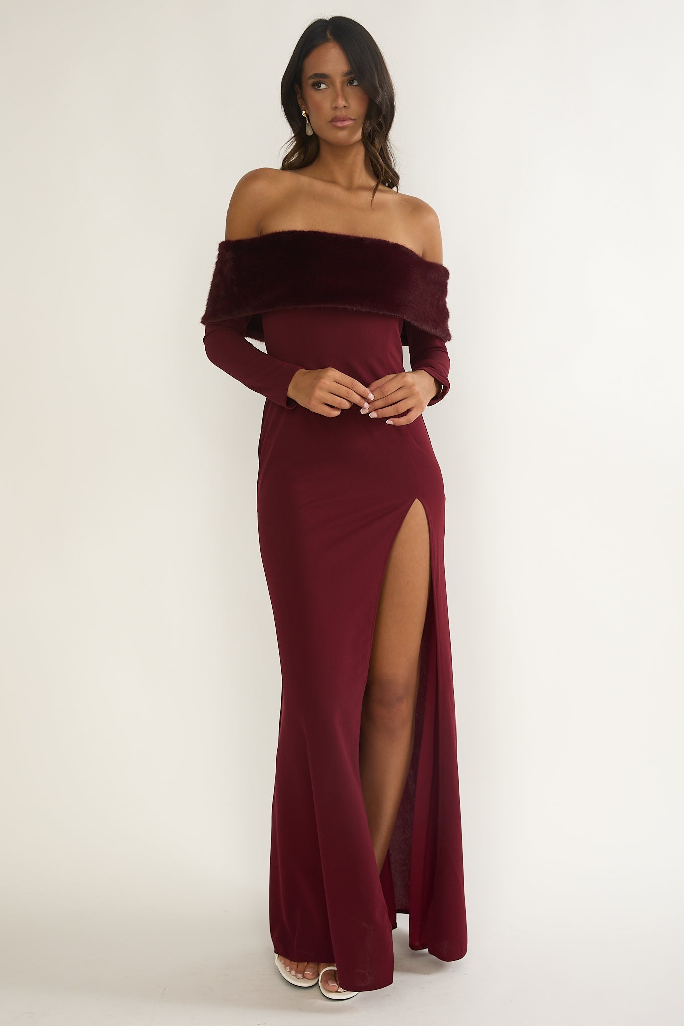 Noella Off-Shoulder Fur Trim Maxi Dress Wine by Selfie Leslie