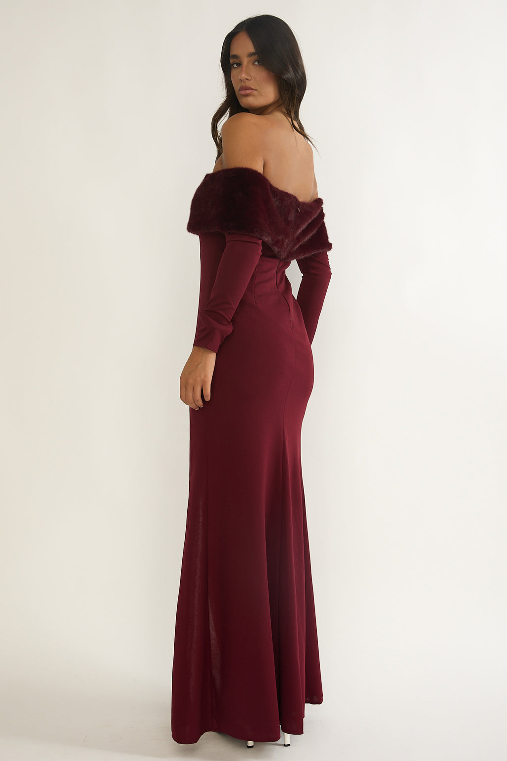 Noella Off-Shoulder Fur Trim Maxi Dress Wine by Selfie Leslie