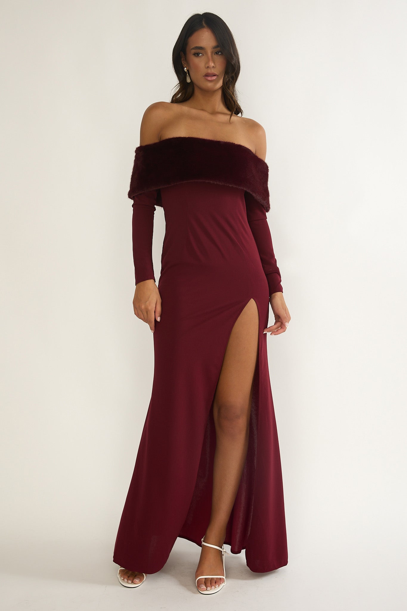 Noella Off-Shoulder Fur Trim Maxi Dress Wine by Selfie Leslie