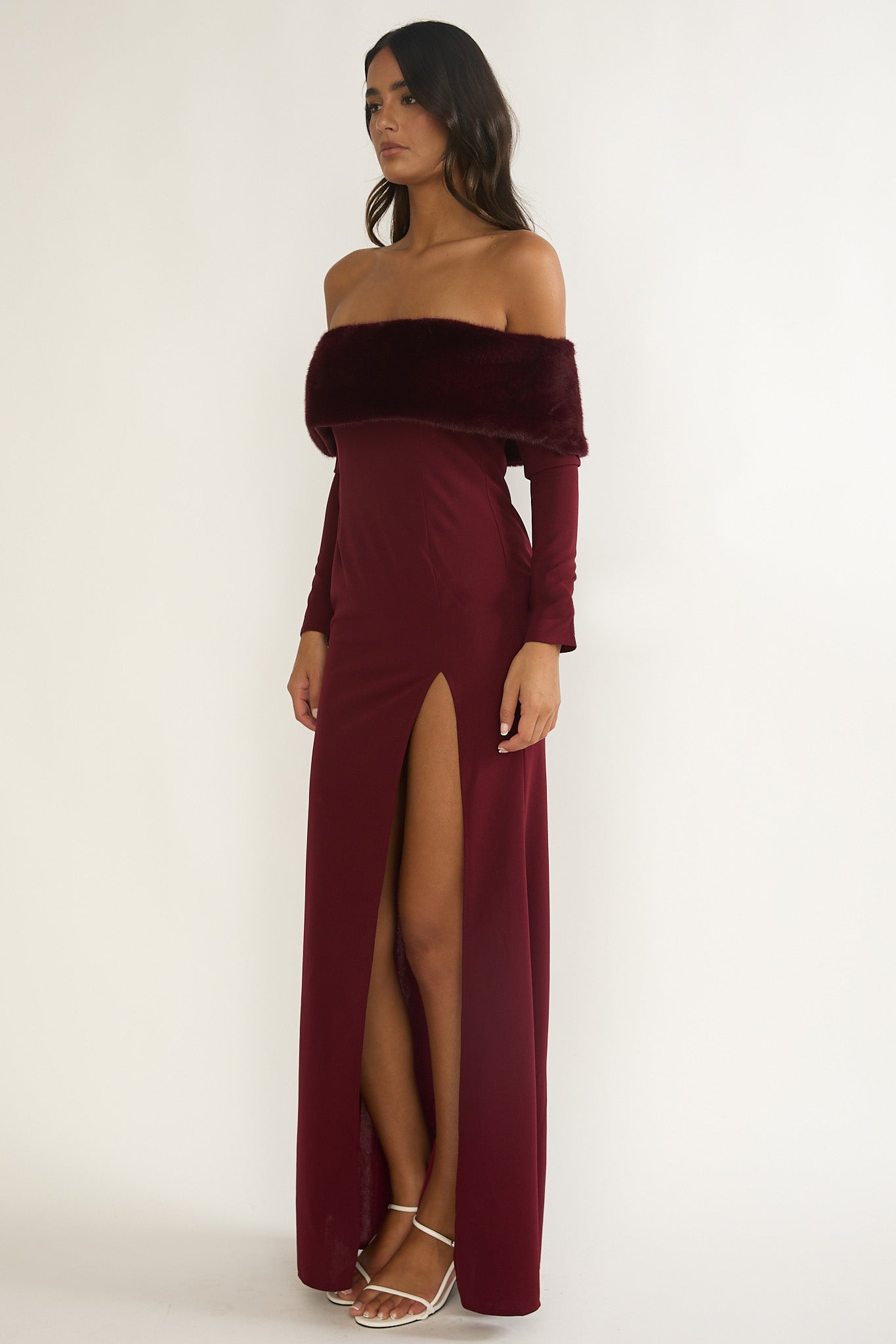 Noella Off-Shoulder Fur Trim Maxi Dress Wine Noella Off-Shoulder Fur Trim Maxi Dress Wine