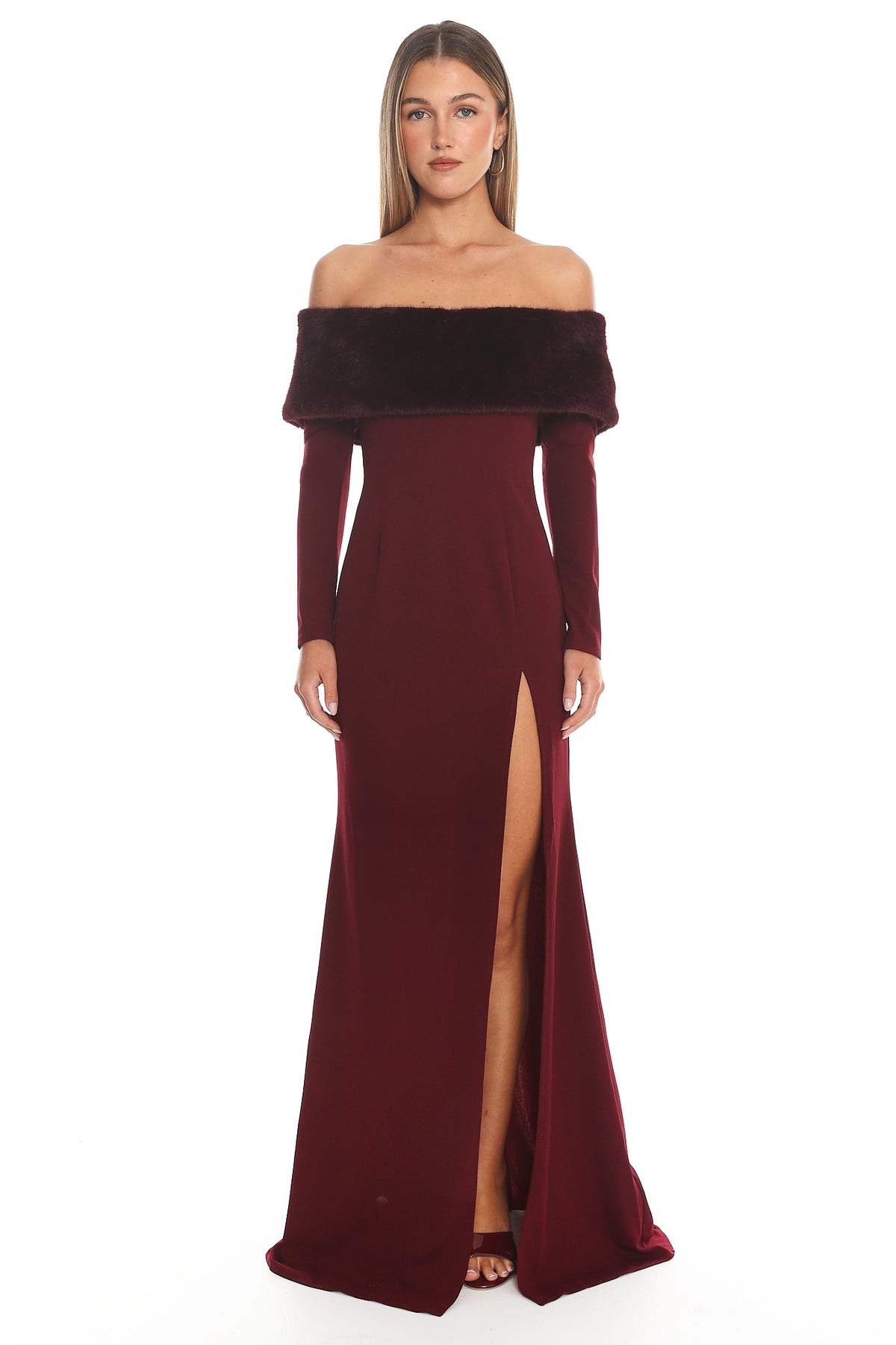 Noella Off-Shoulder Fur Trim Maxi Dress Wine by Selfie Leslie