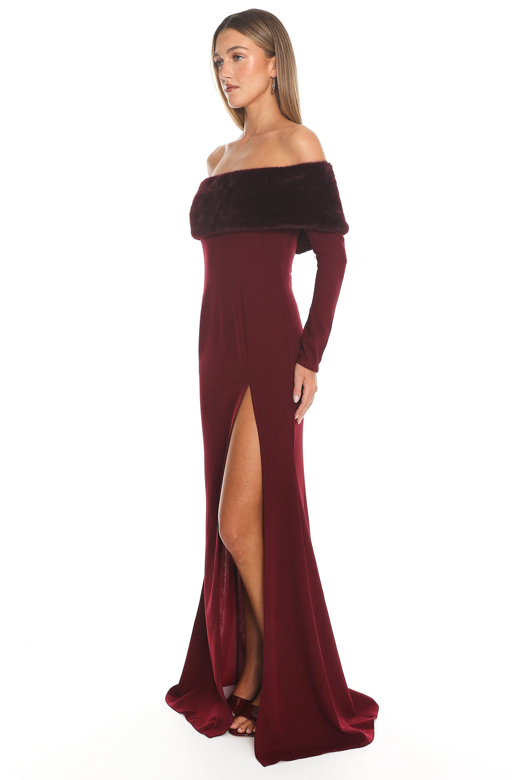 Noella Off-Shoulder Fur Trim Maxi Dress Wine by Selfie Leslie