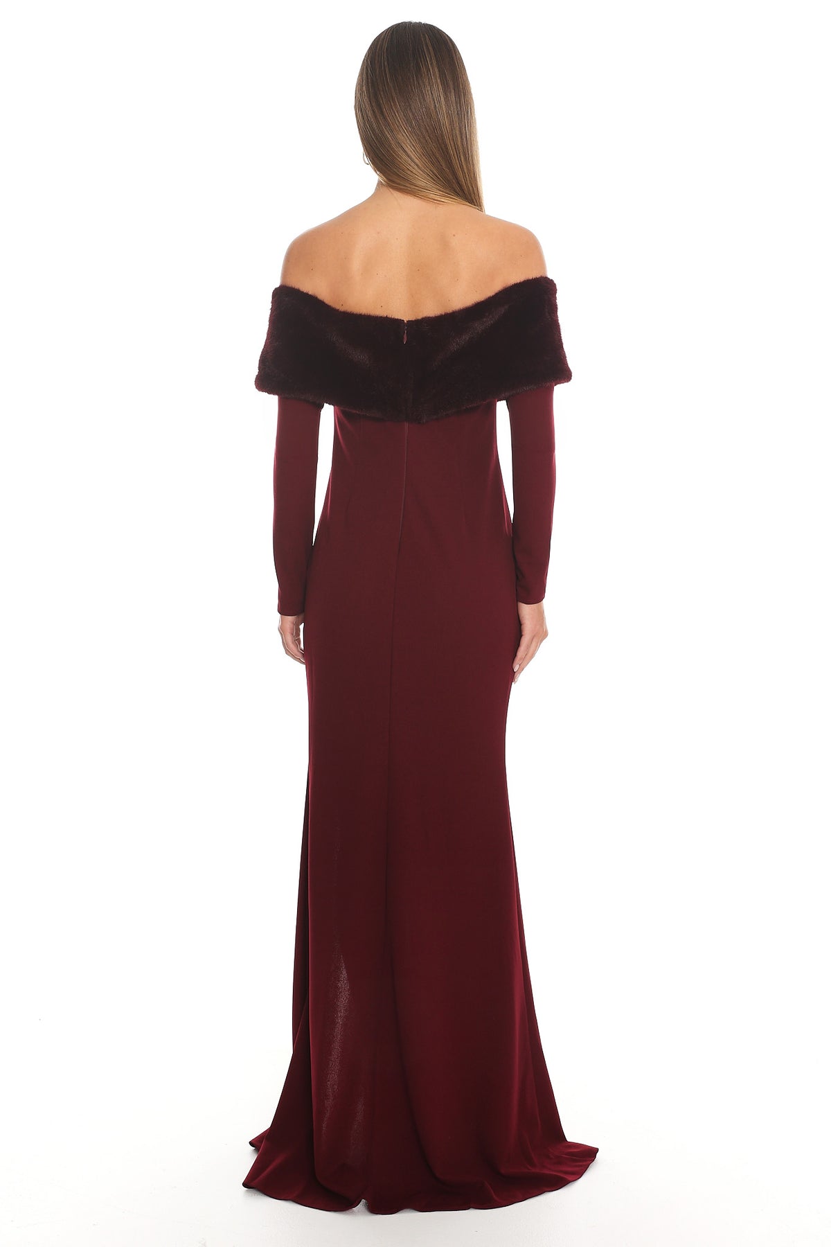 Noella Off-Shoulder Fur Trim Maxi Dress Wine by Selfie Leslie