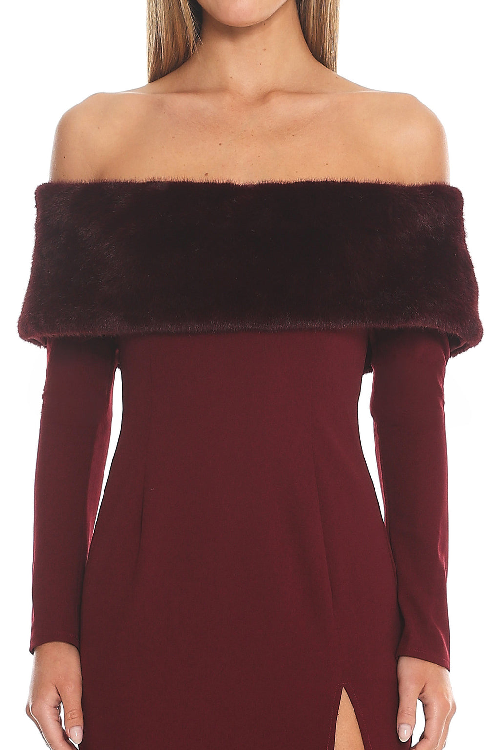Noella Off-Shoulder Fur Trim Maxi Dress Wine by Selfie Leslie