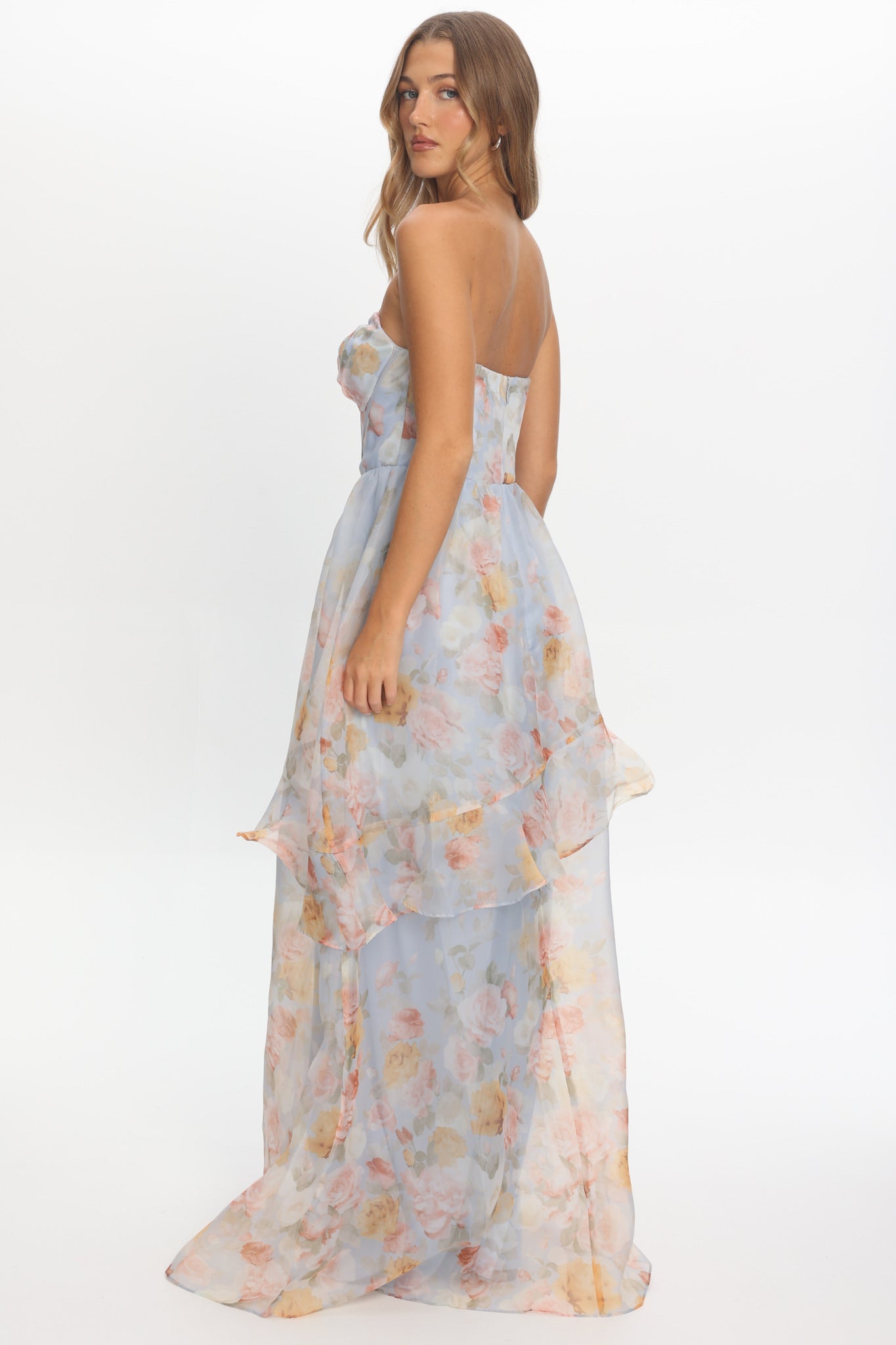 how to layer a maxi dress Petrice Asymmetric Layer Maxi Dress Floral Light Blue