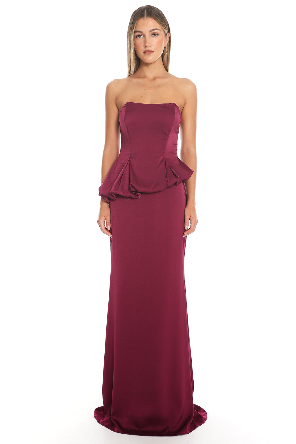 Masquerade Strapless Peplum Maxi Dress Plum