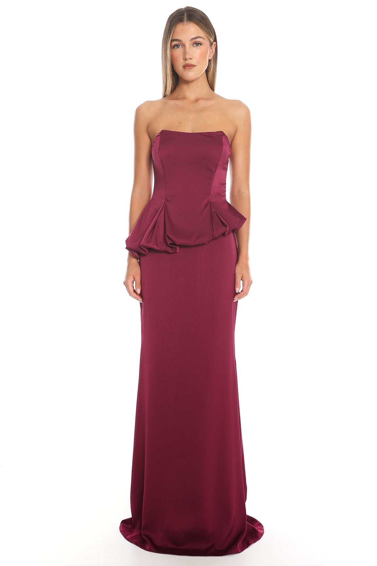Masquerade Strapless Peplum Maxi Dress Plum