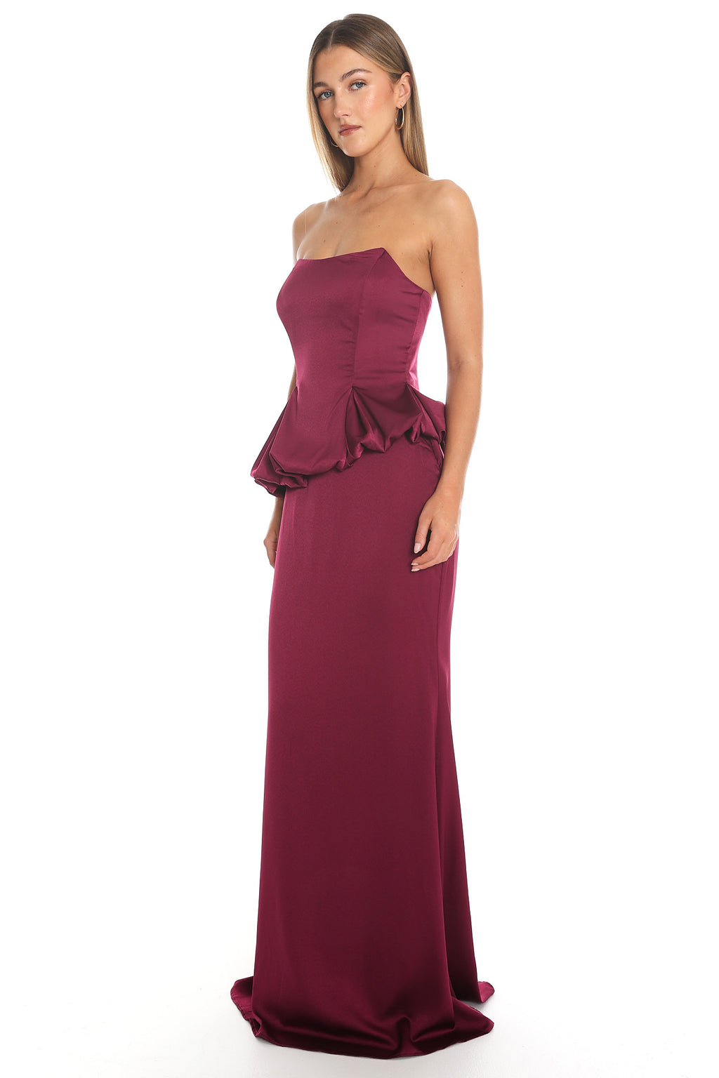 Masquerade Strapless Peplum Maxi Dress Plum