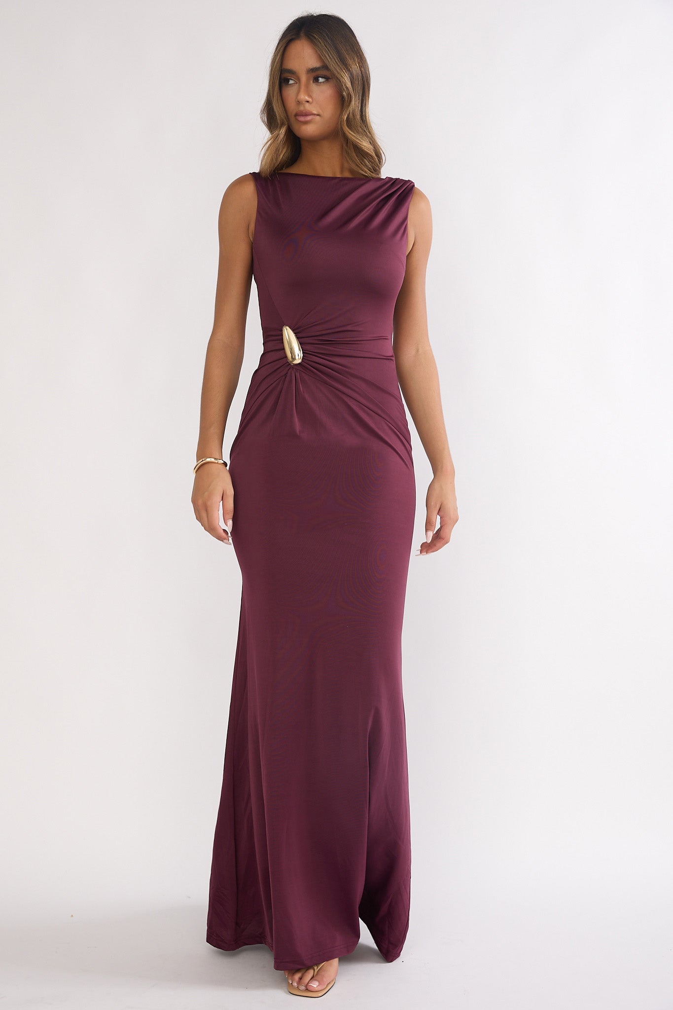 Isalyn Gathered Waist Maxi Dress Burgundy - S Isalyn Gathered Waist Maxi Dress Burgundy - S