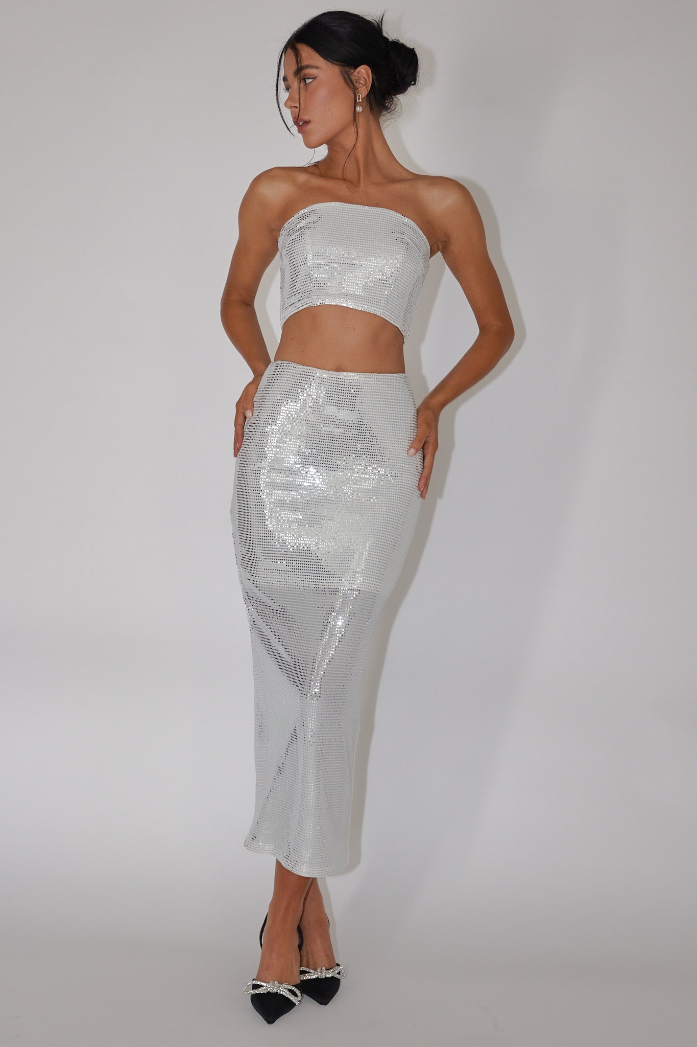 It Girls Sequin Maxi Skirt Silver by Selfie Leslie
