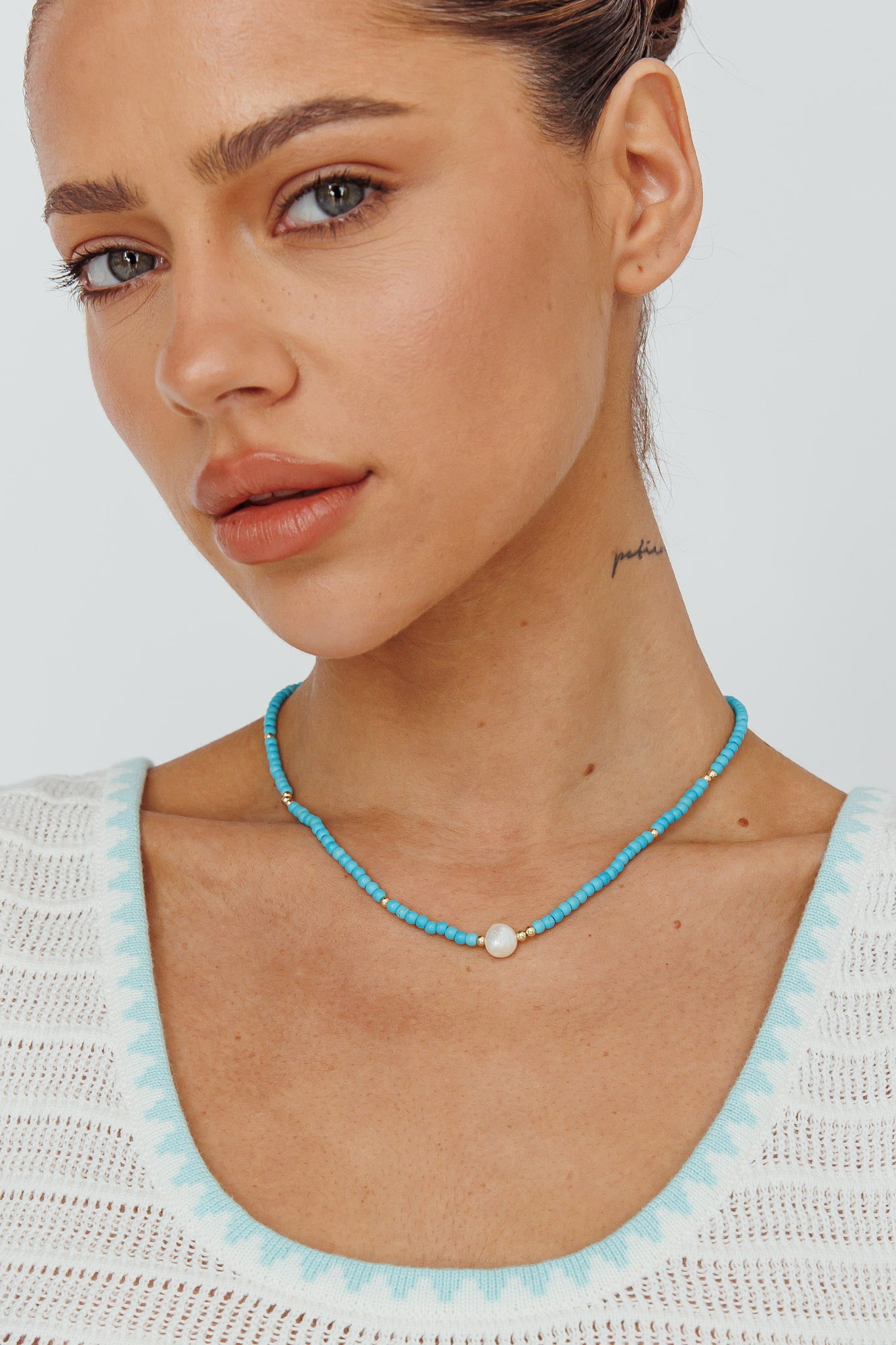 Ibiza Turquoise Bead Pearl Necklace Gold by Selfie Leslie