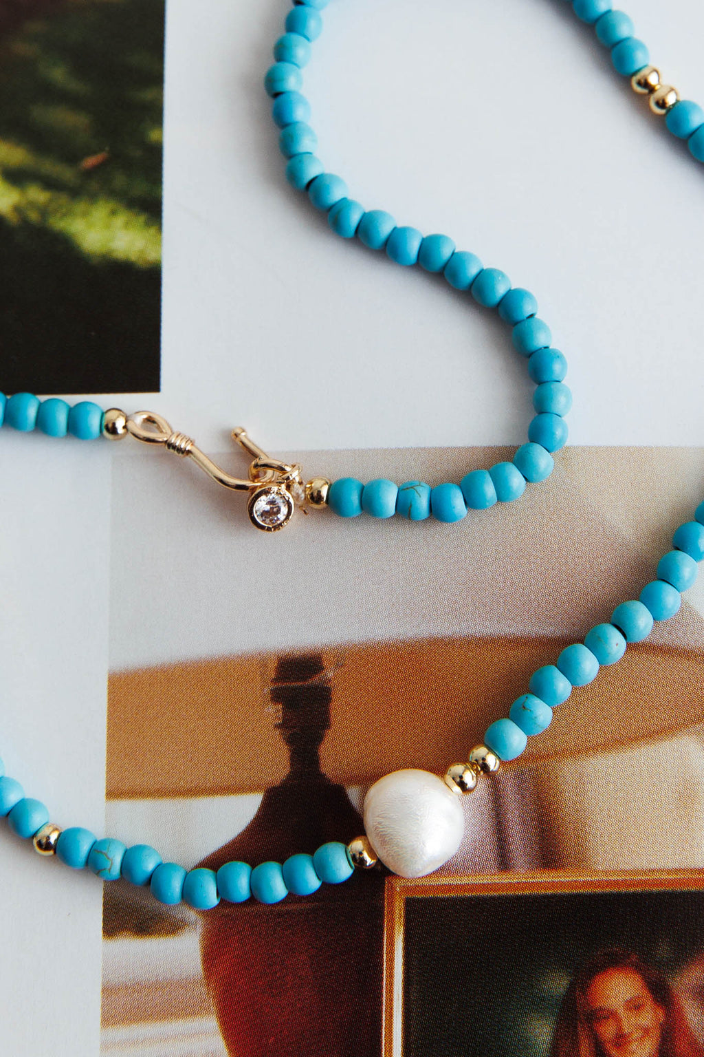 Ibiza Turquoise Bead Pearl Necklace Gold by Selfie Leslie