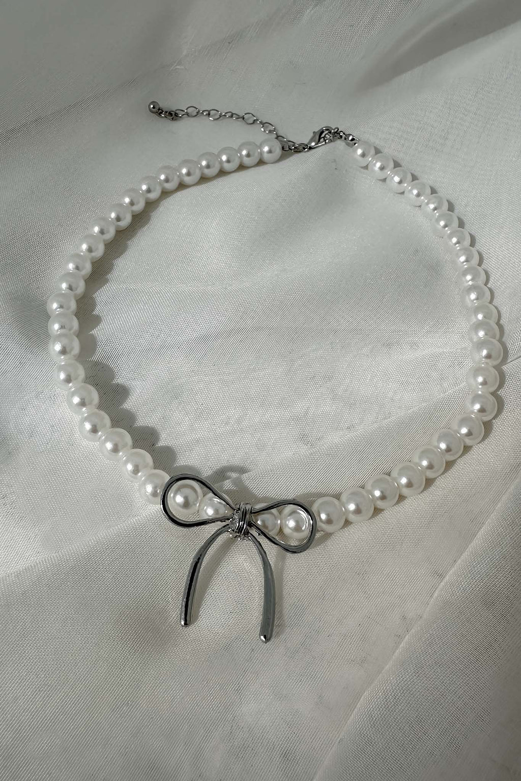 Daydream Bow Accent Pearl Necklace Silver by Selfie Leslie