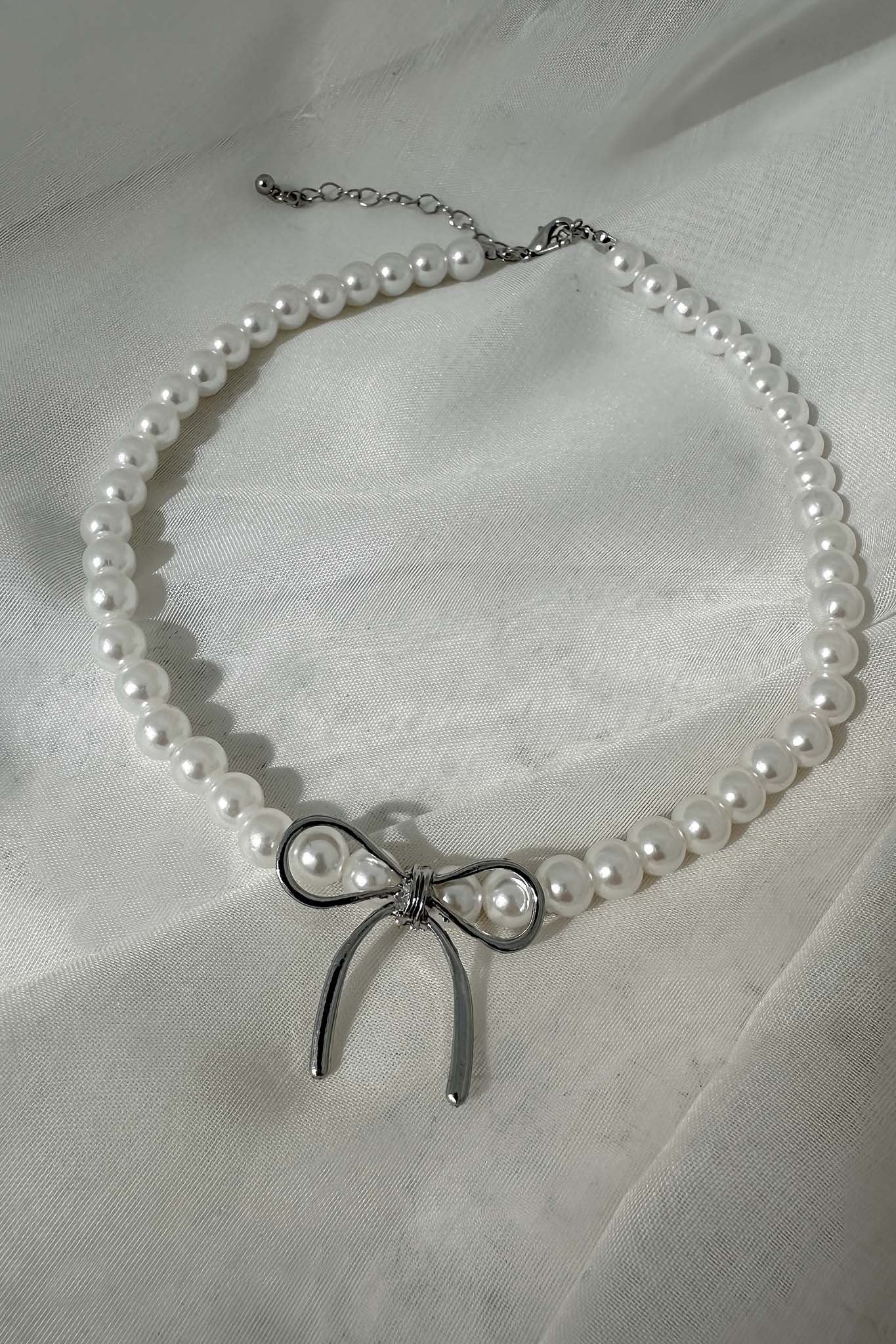 Daydream Bow Accent Pearl Necklace Silver by Selfie Leslie