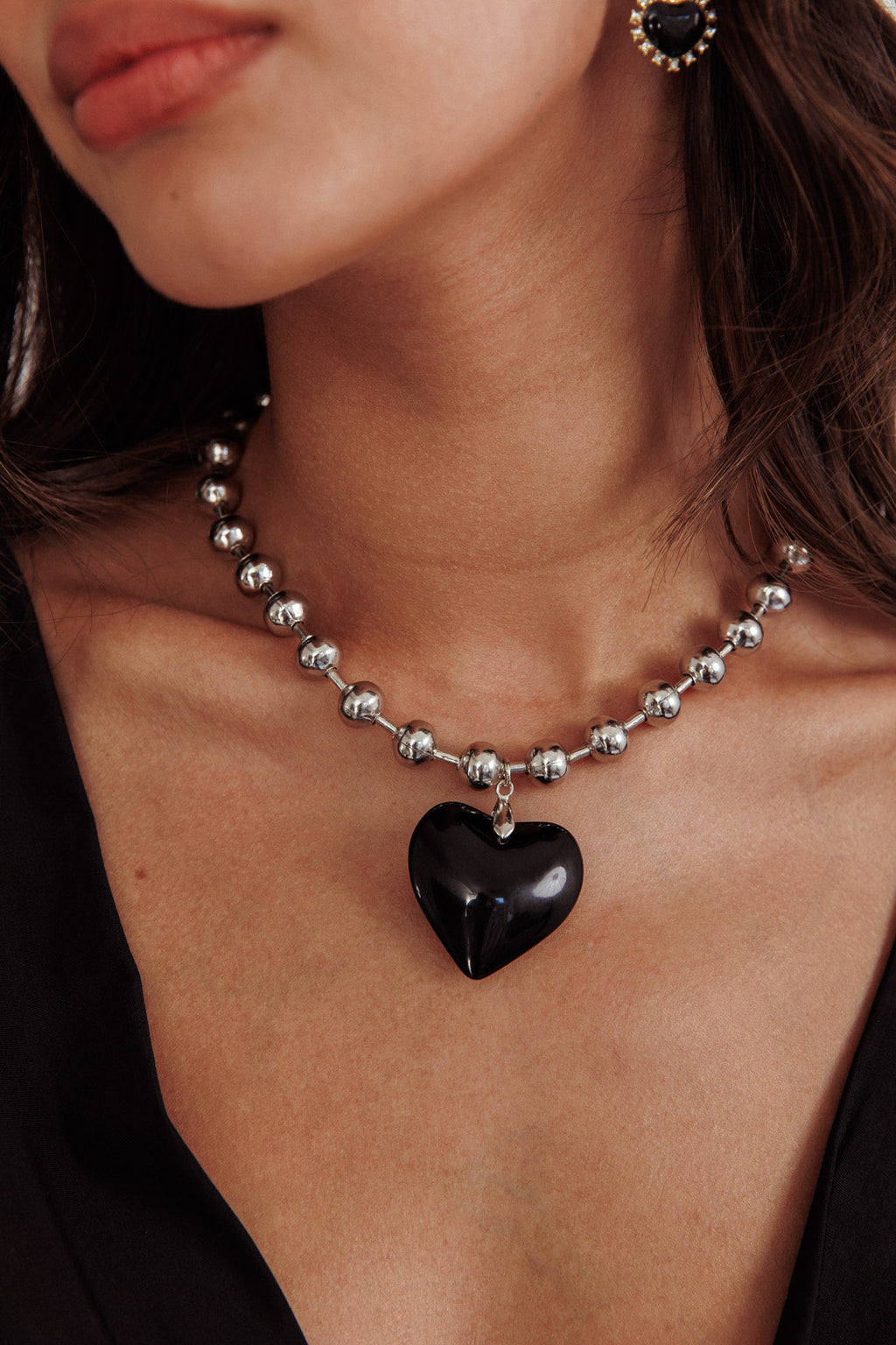 Lee Silver Bead Large Heart Necklace Black by Selfie Leslie