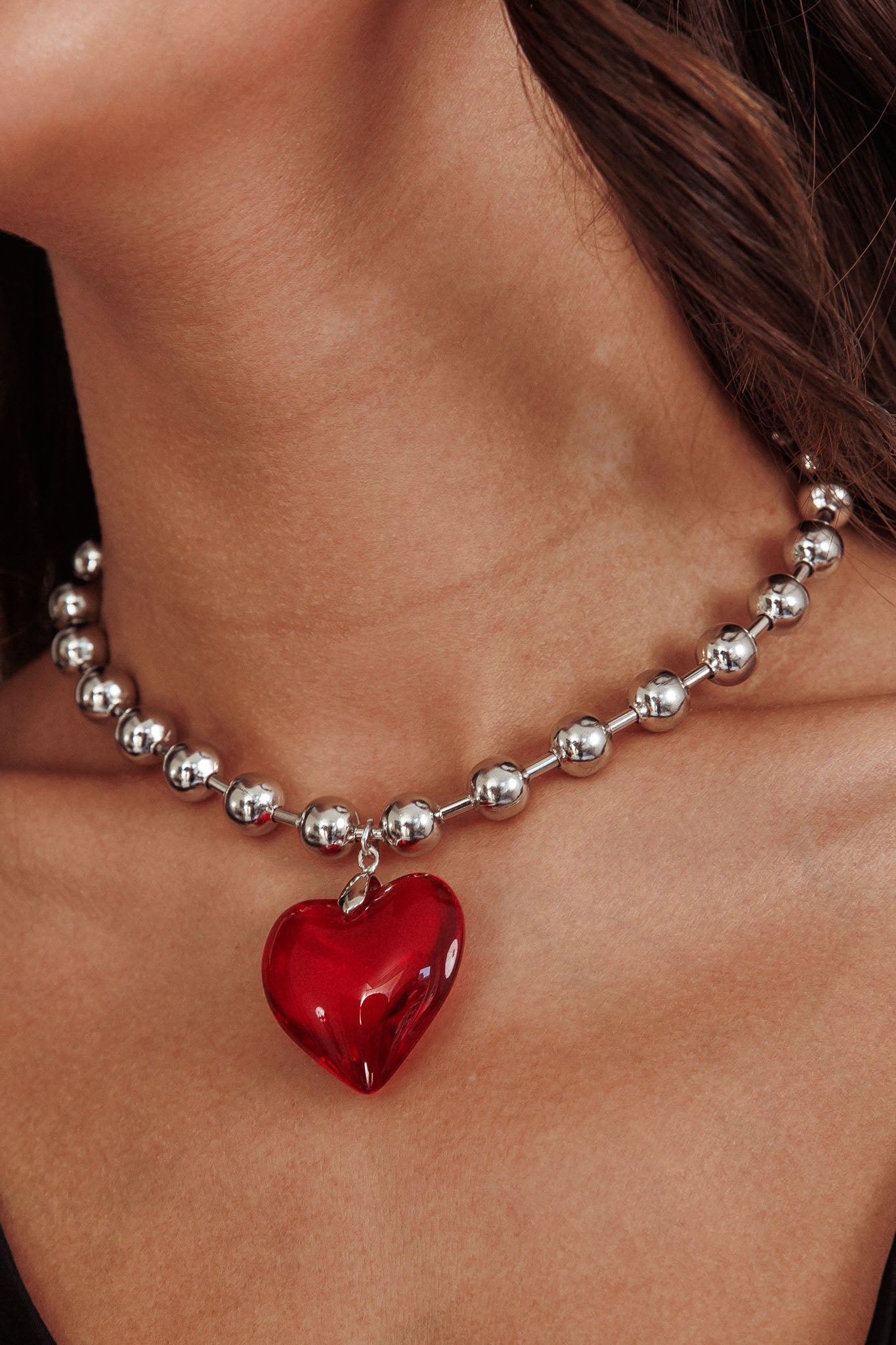Lee Silver Bead Large Heart Necklace Red | Selfie Leslie