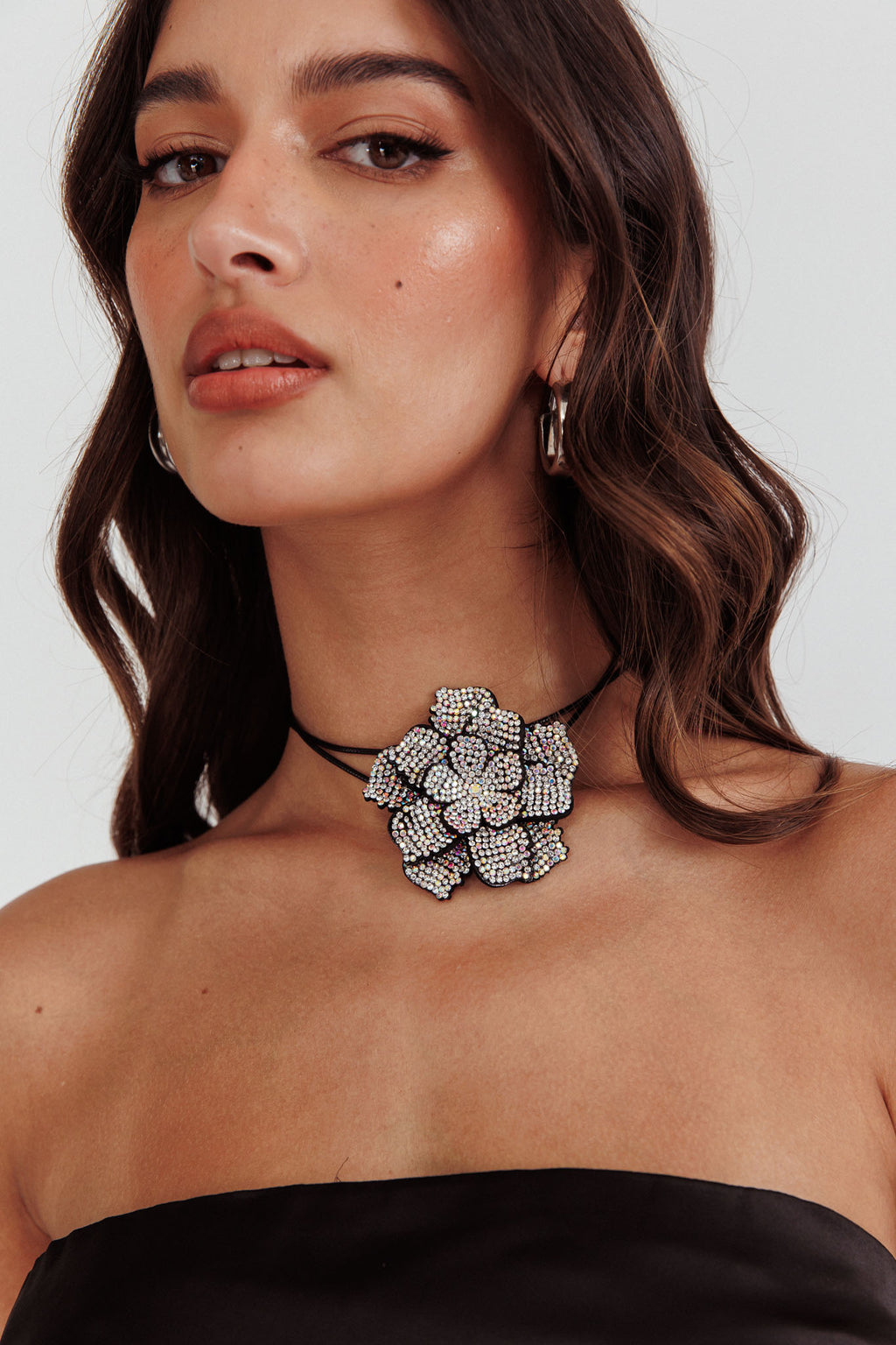 Magnolia Diamante Flower Choker Necklace Black by Selfie Leslie