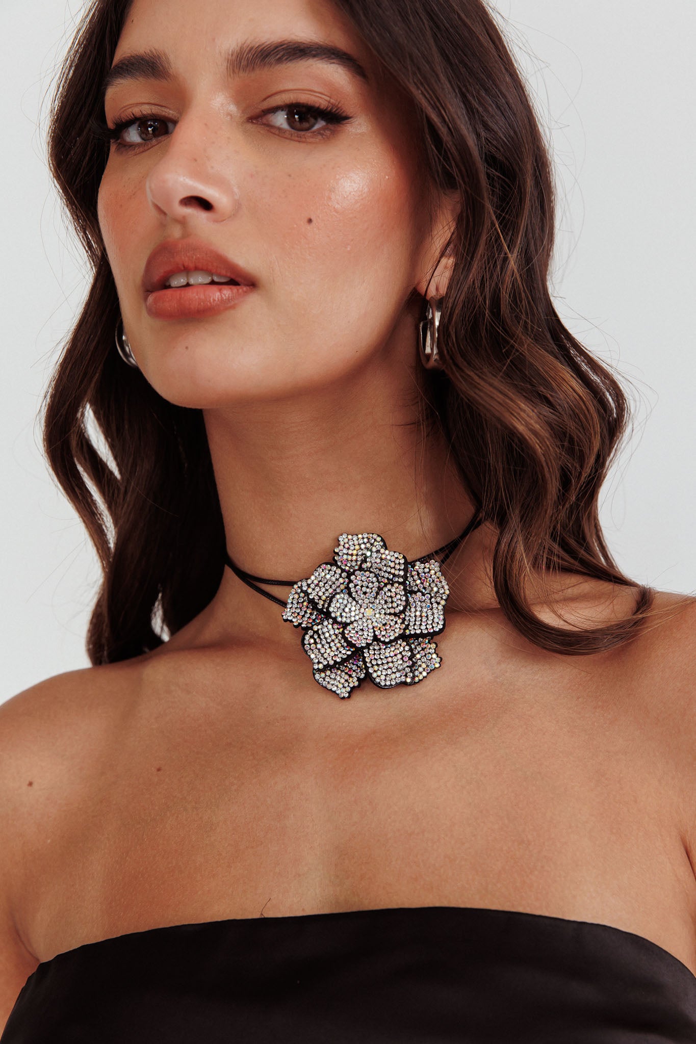 Magnolia Diamante Flower Choker Necklace Black by Selfie Leslie