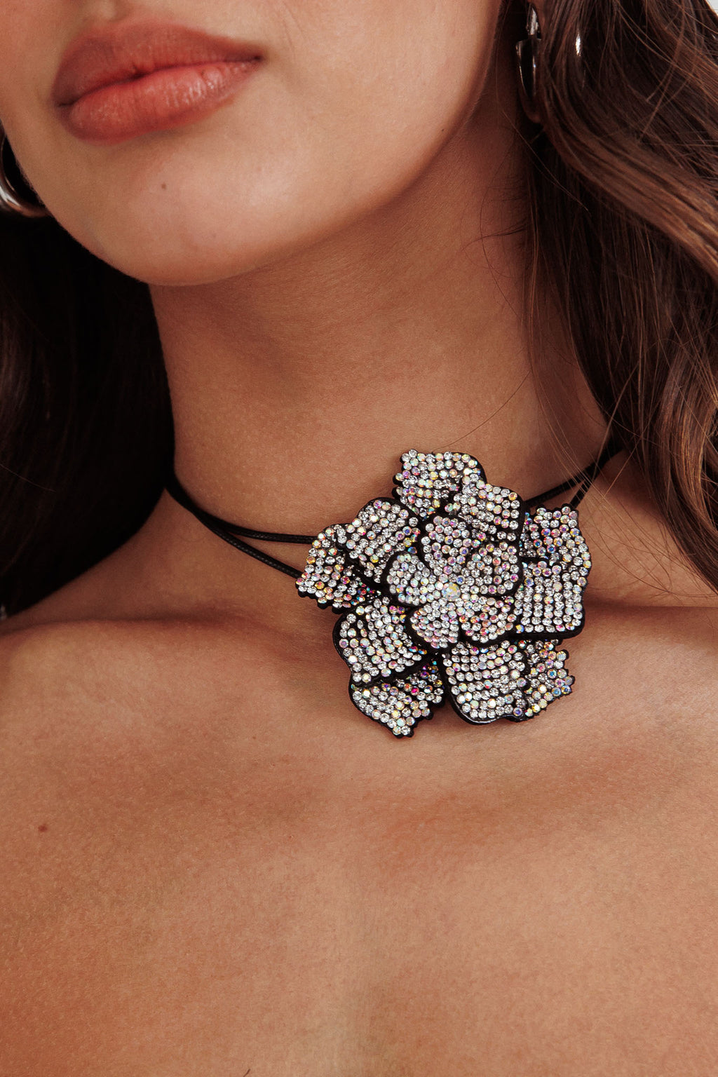 Magnolia Diamante Flower Choker Necklace Black by Selfie Leslie