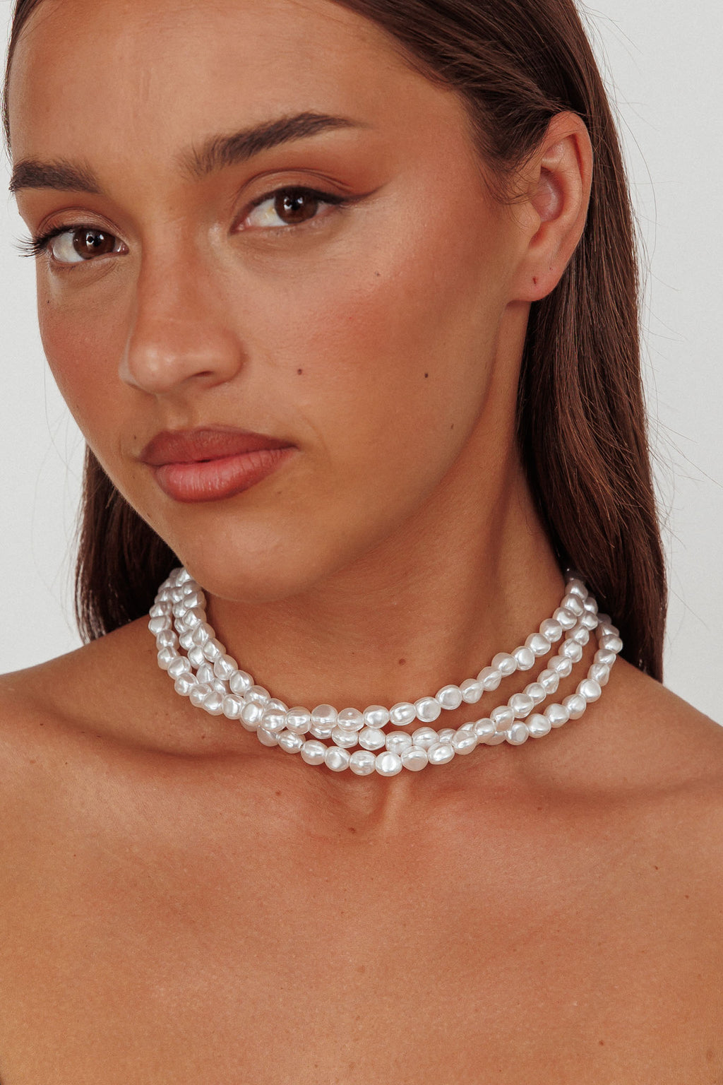 Roxanne Three Strand Baroque Necklace Pearl by Selfie Leslie