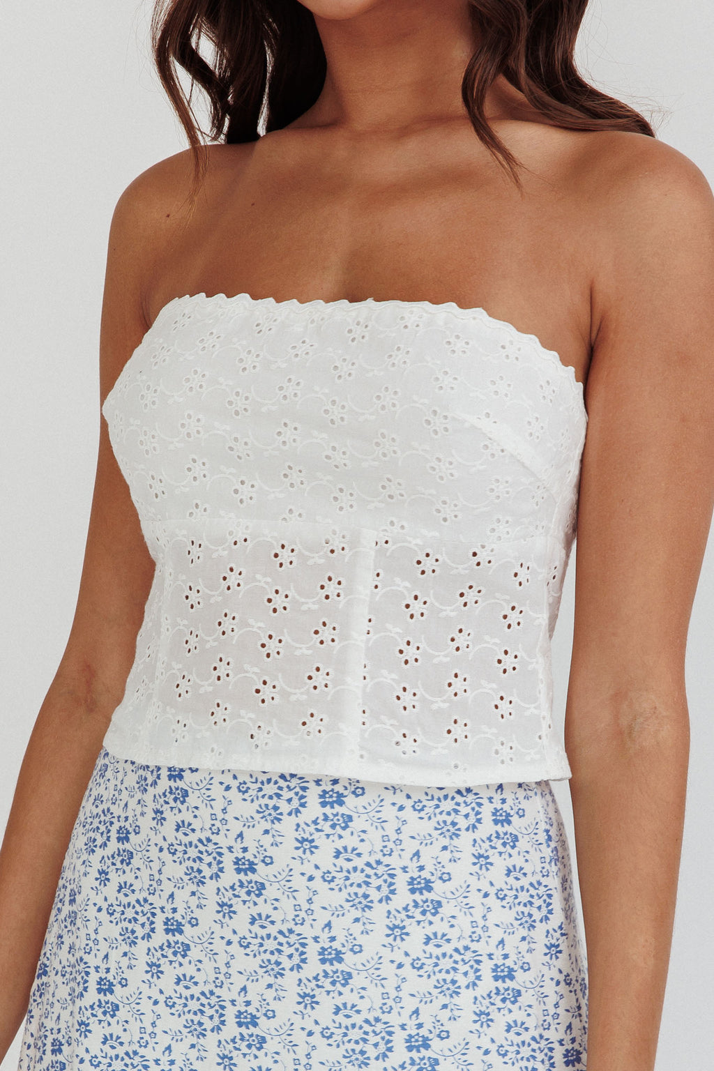 Maggie Eyelet Embroidery Strapless Top Ivory by Selfie Leslie