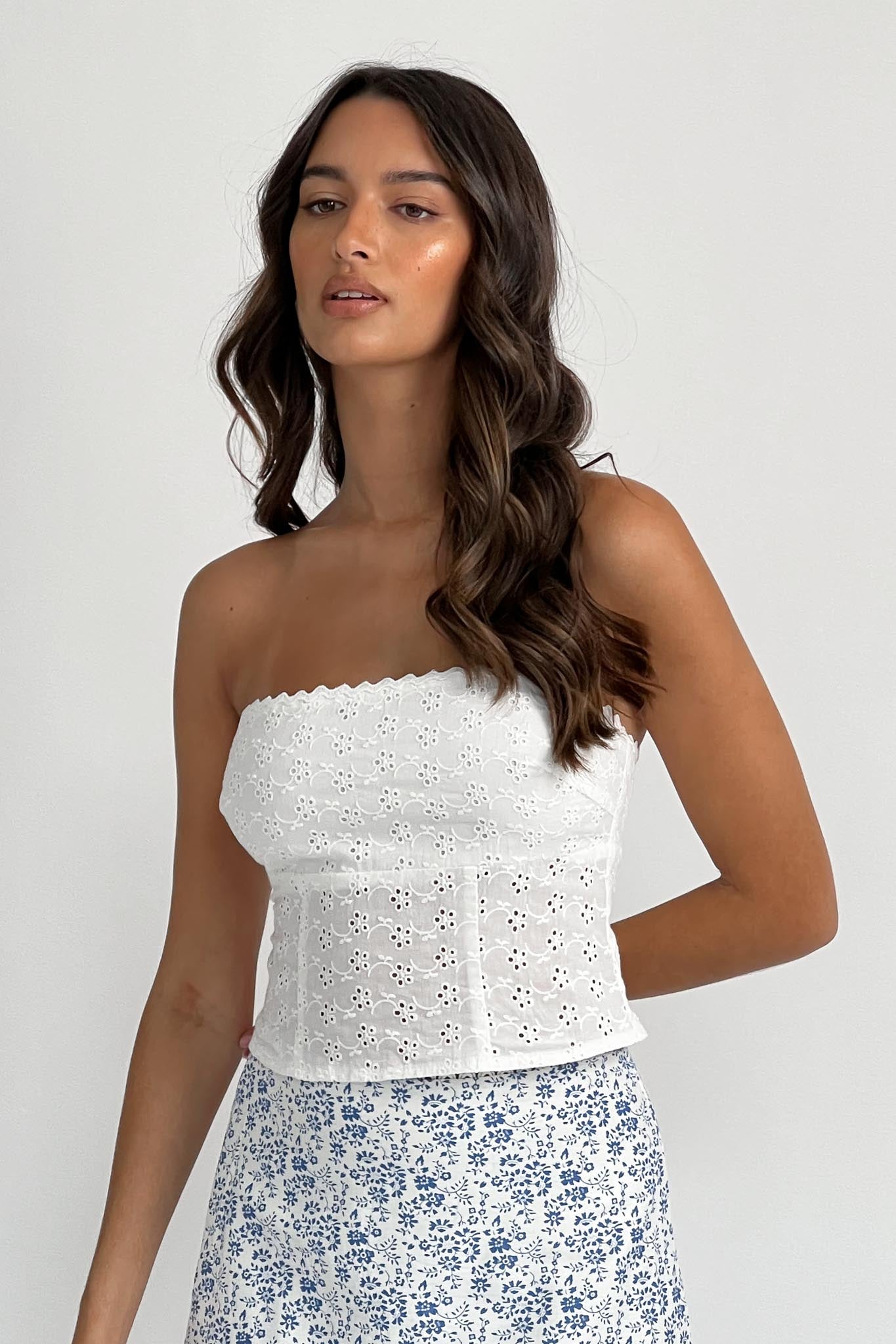 Maggie Eyelet Embroidery Strapless Top Ivory by Selfie Leslie