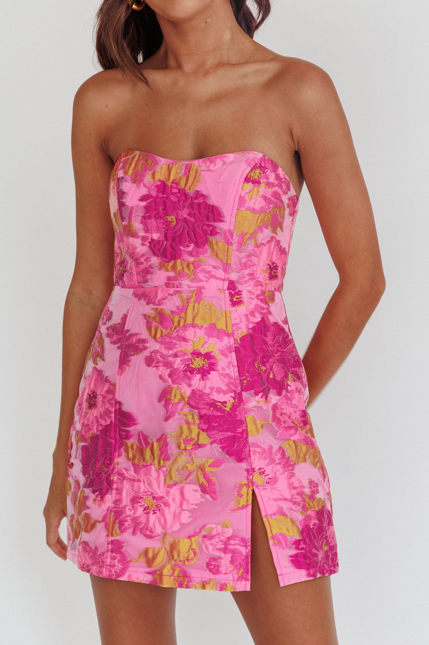 Marlina Strapless Jacquard Mini Dress Pink by Selfie Leslie