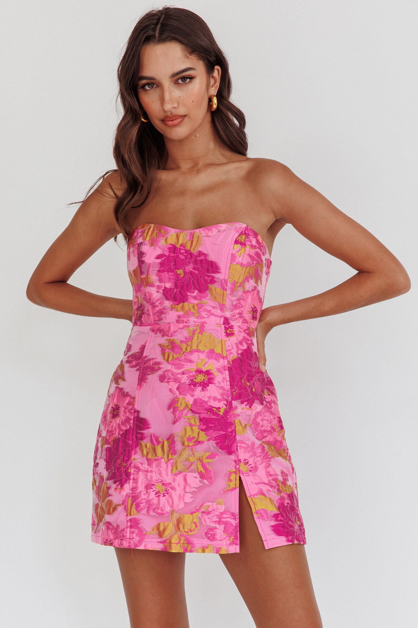 Marlina Strapless Jacquard Mini Dress Pink S Marlina Strapless Jacquard Mini Dress Pink S