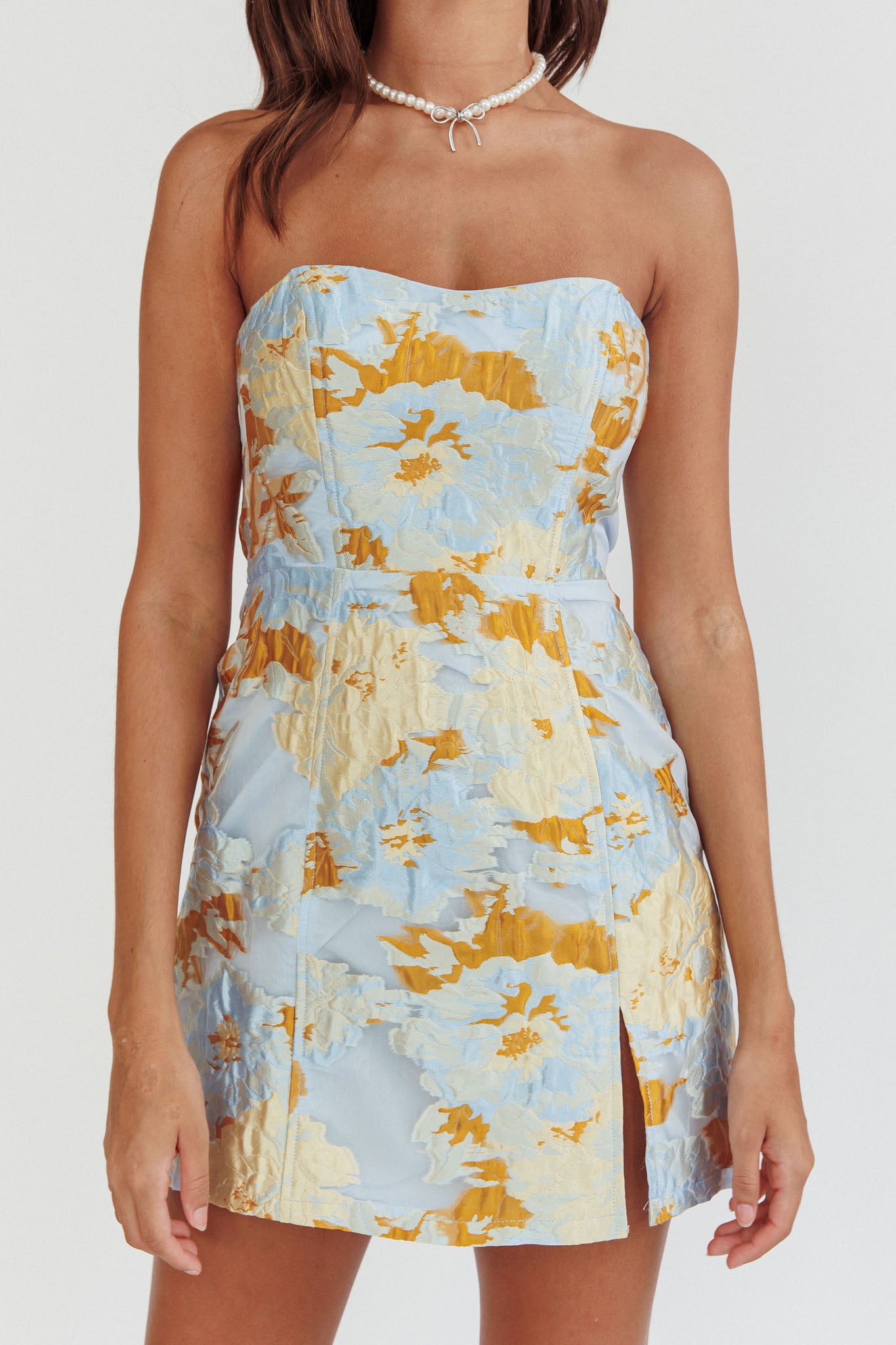 Marlina Strapless Jacquard Mini Dress Blue Marlina Strapless Jacquard Mini Dress Blue