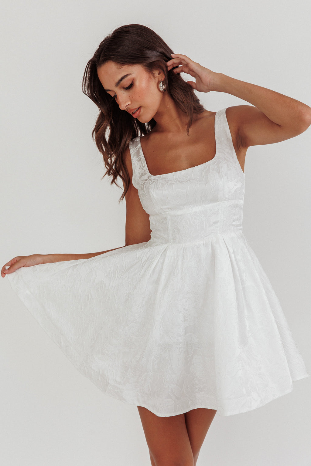 brailey jacquard mini dress - puff sleeve dress in white BHLDN Chloe Puff-Sleeve Square-Neck Jacquard Mini Dress
