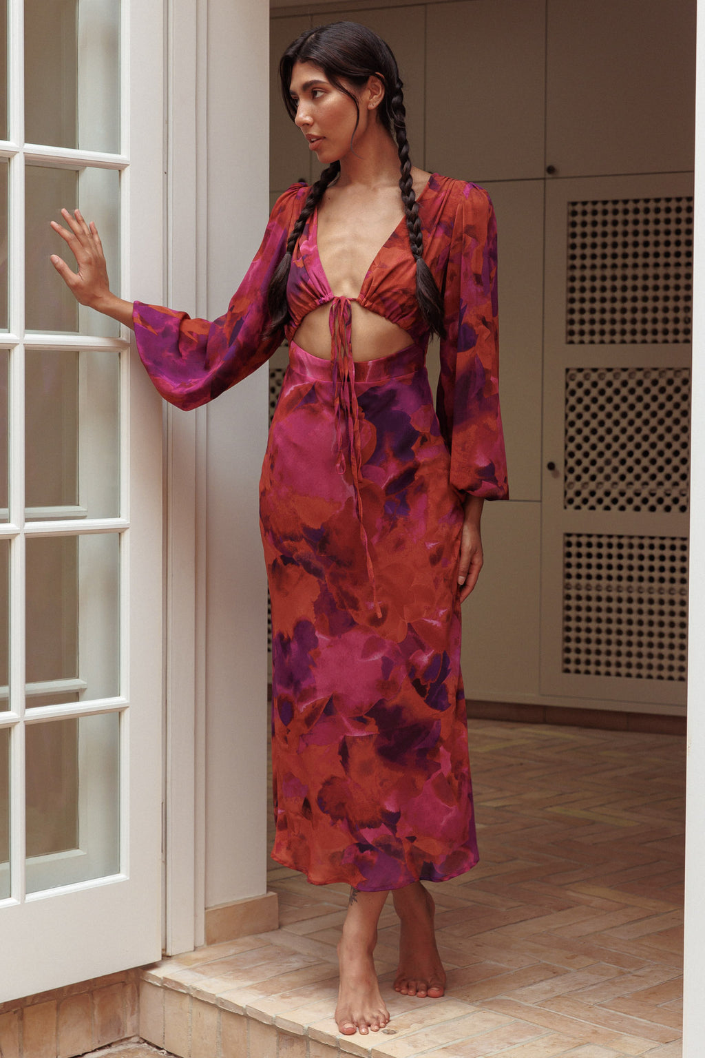 Aurora Dreams Cut-Out Waist Midi Dress Dark Rose by Selfie Leslie
