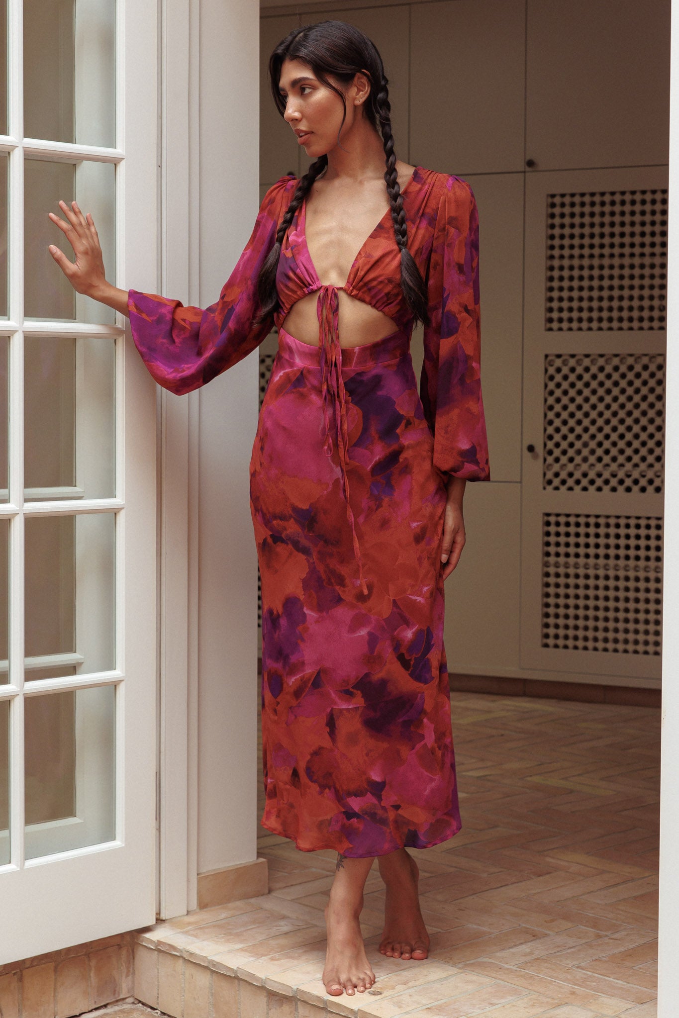 Aurora Dreams Cut-Out Waist Midi Dress Dark Rose by Selfie Leslie