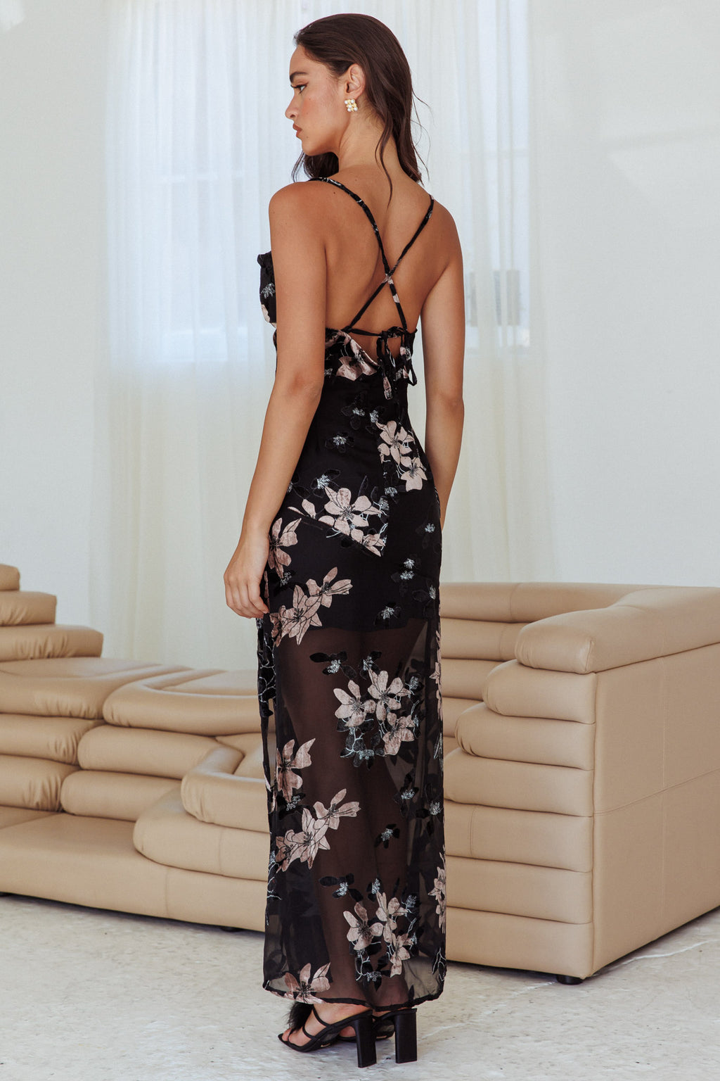 Personal Invitation Split Maxi Dress Flowers Black by Selfie Leslie