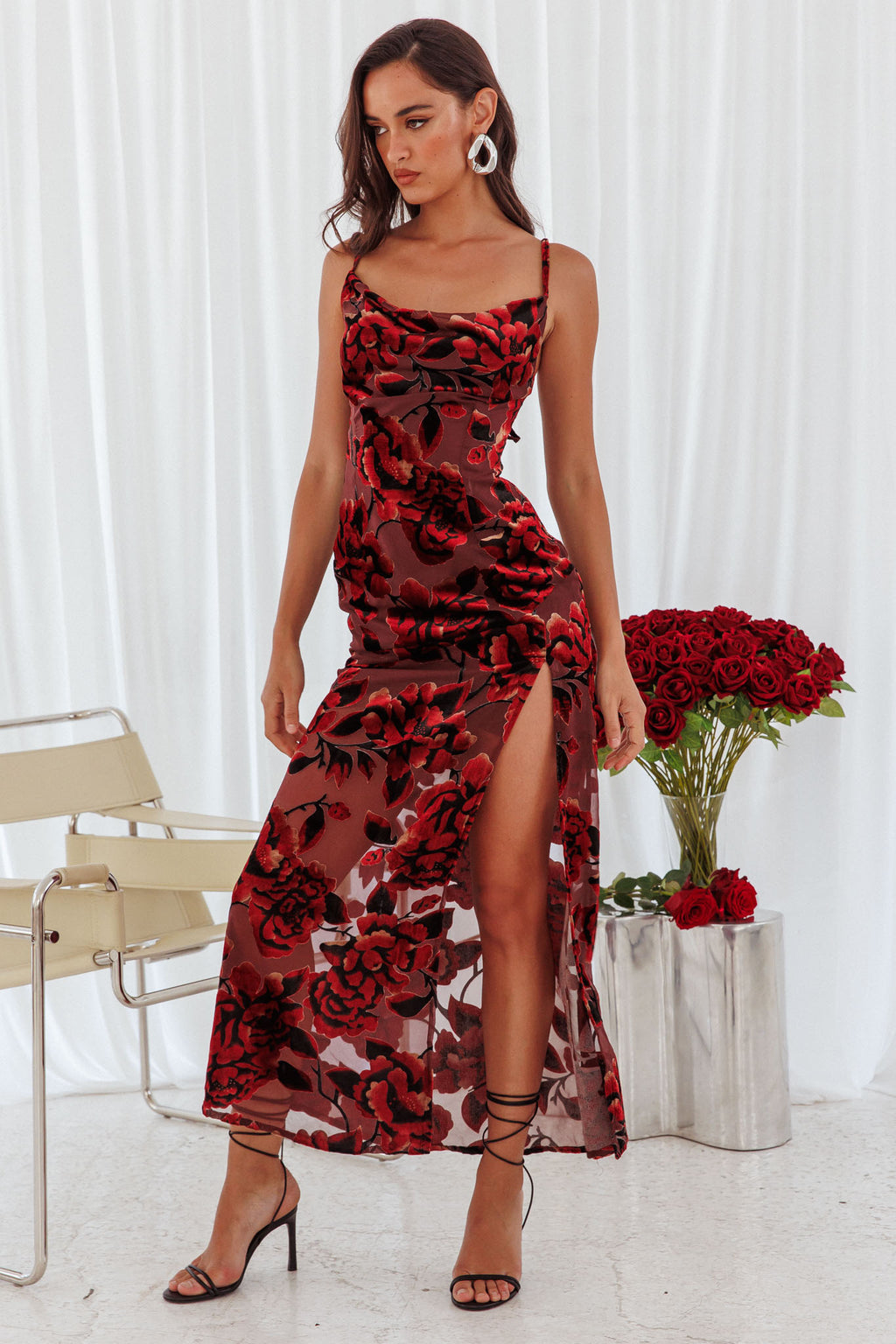 Personal Invitation Split Maxi Dress Floral Red by Selfie Leslie