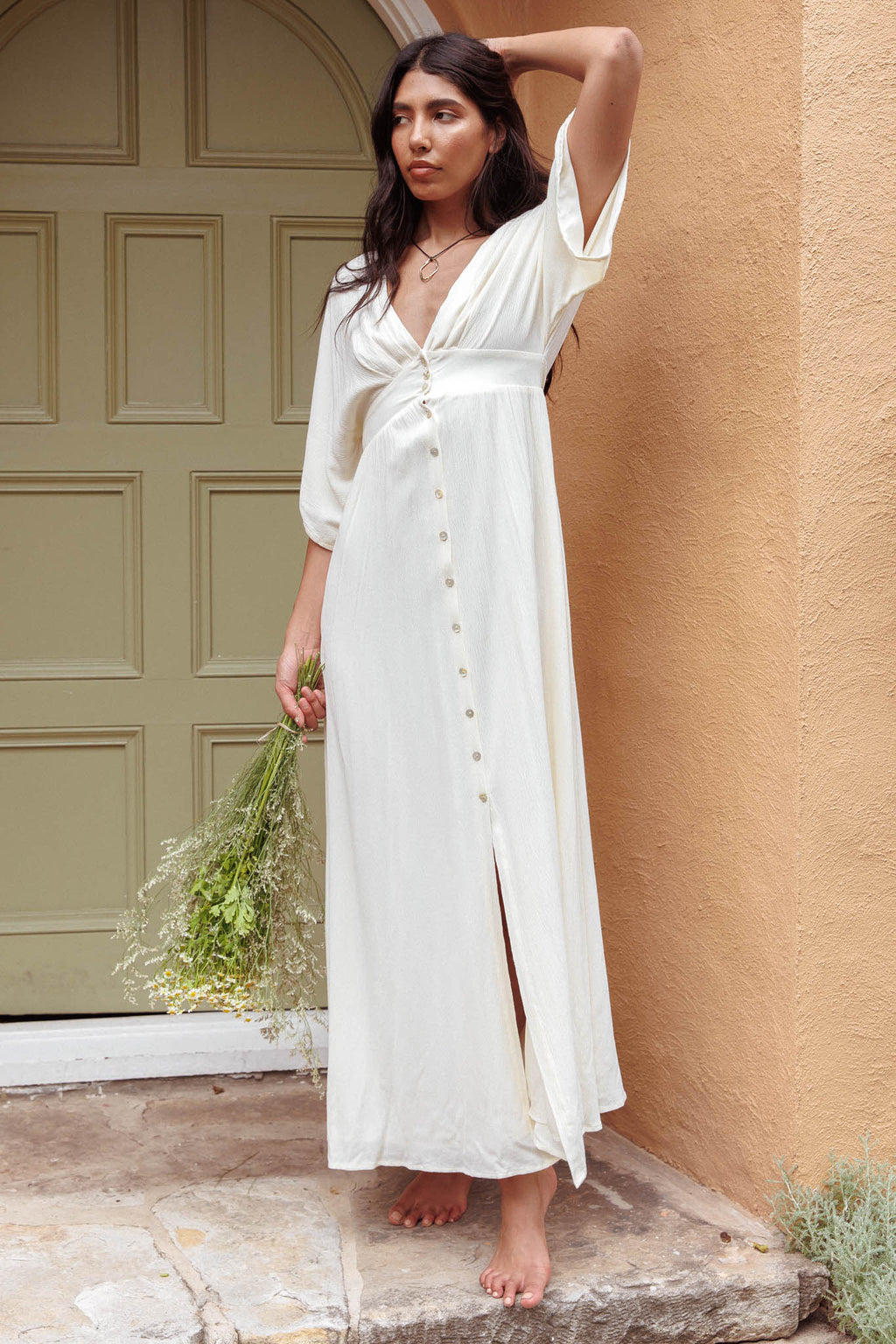 Paradise Found V-Neck Button Maxi Dress Natural by Selfie Leslie