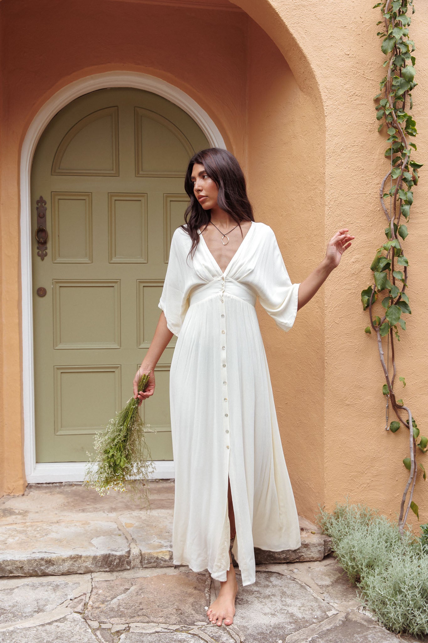 Paradise Found V-Neck Button Maxi Dress Natural Paradise Found V-Neck Button Maxi Dress Natural