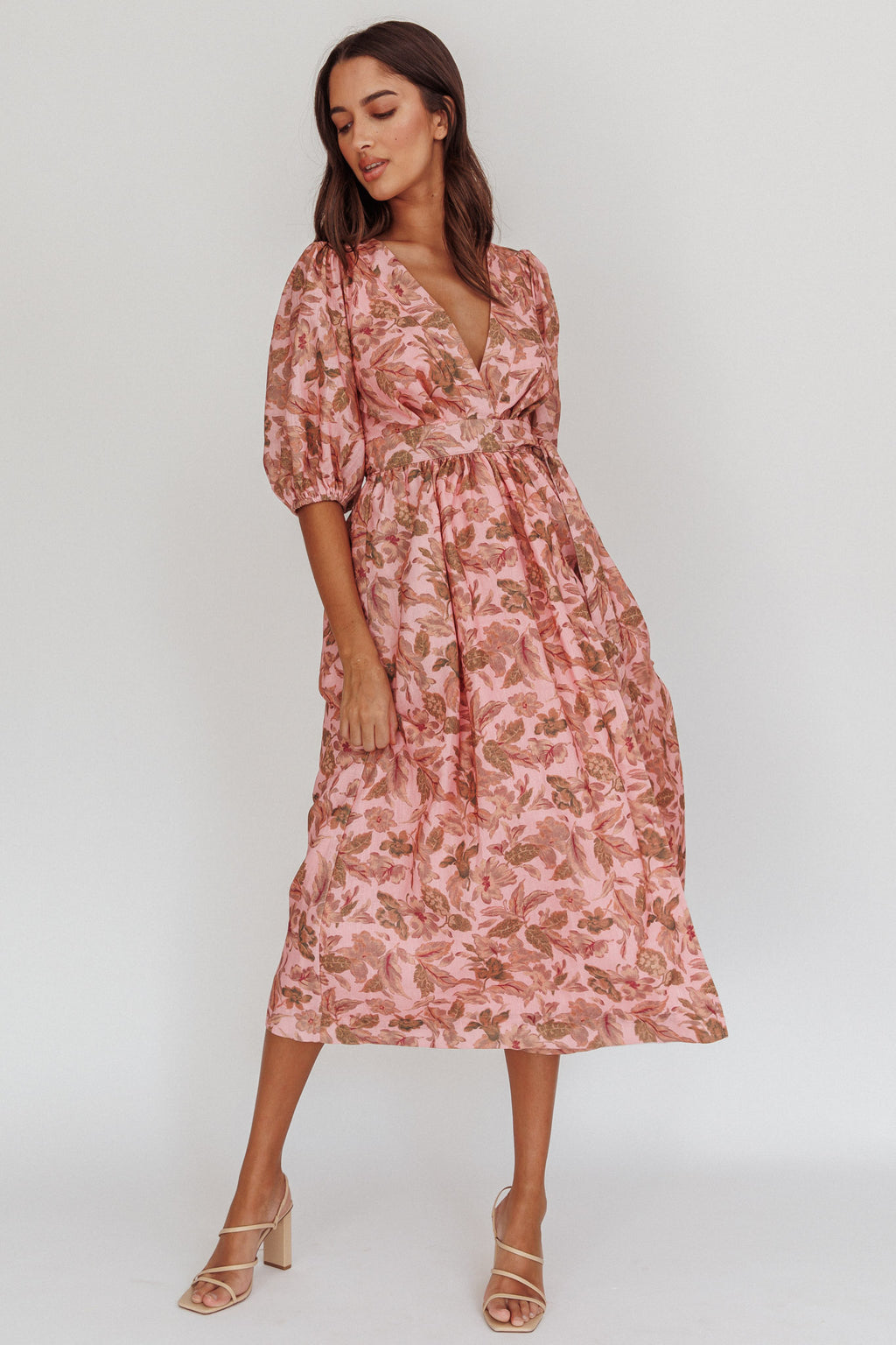 Doris Floral Puff Sleeve Midi Wrap Dress Blush by Selfie Leslie