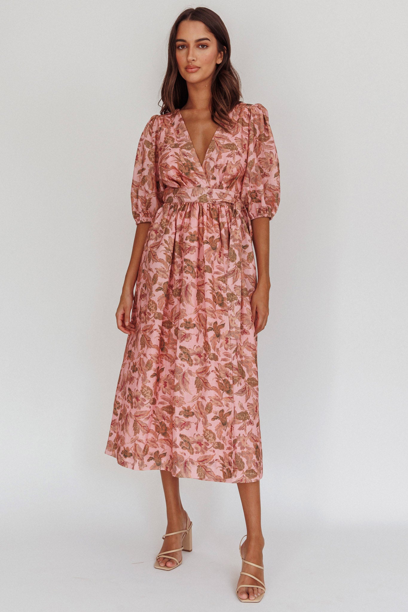 Shop the Doris Floral Puff Sleeve Midi Wrap Dress Blush