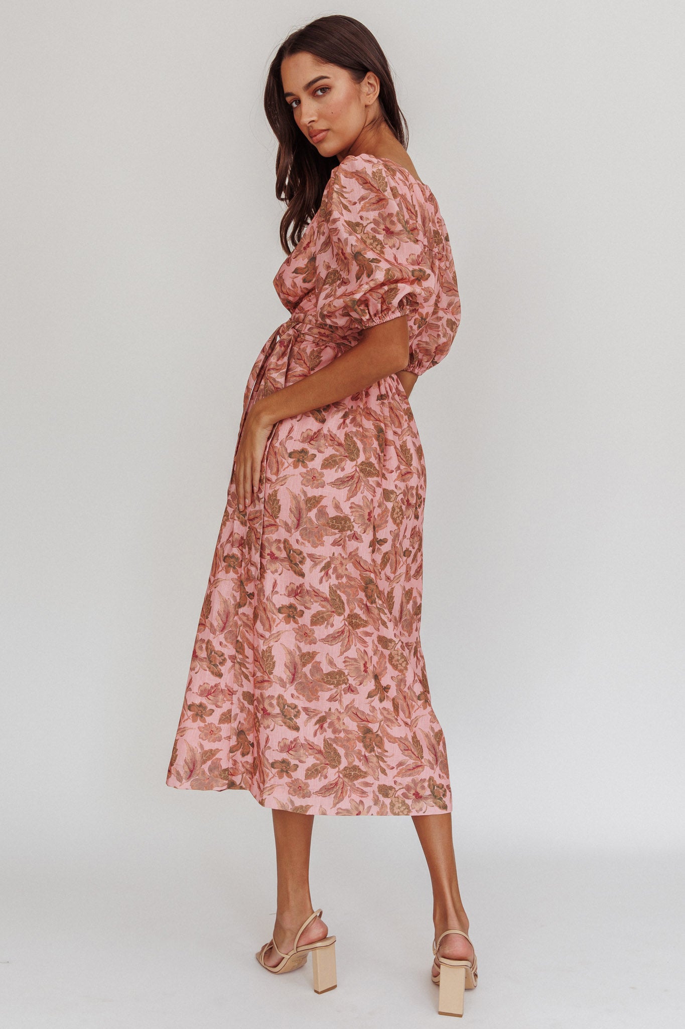 Shop the Doris Floral Puff Sleeve Midi Wrap Dress Blush