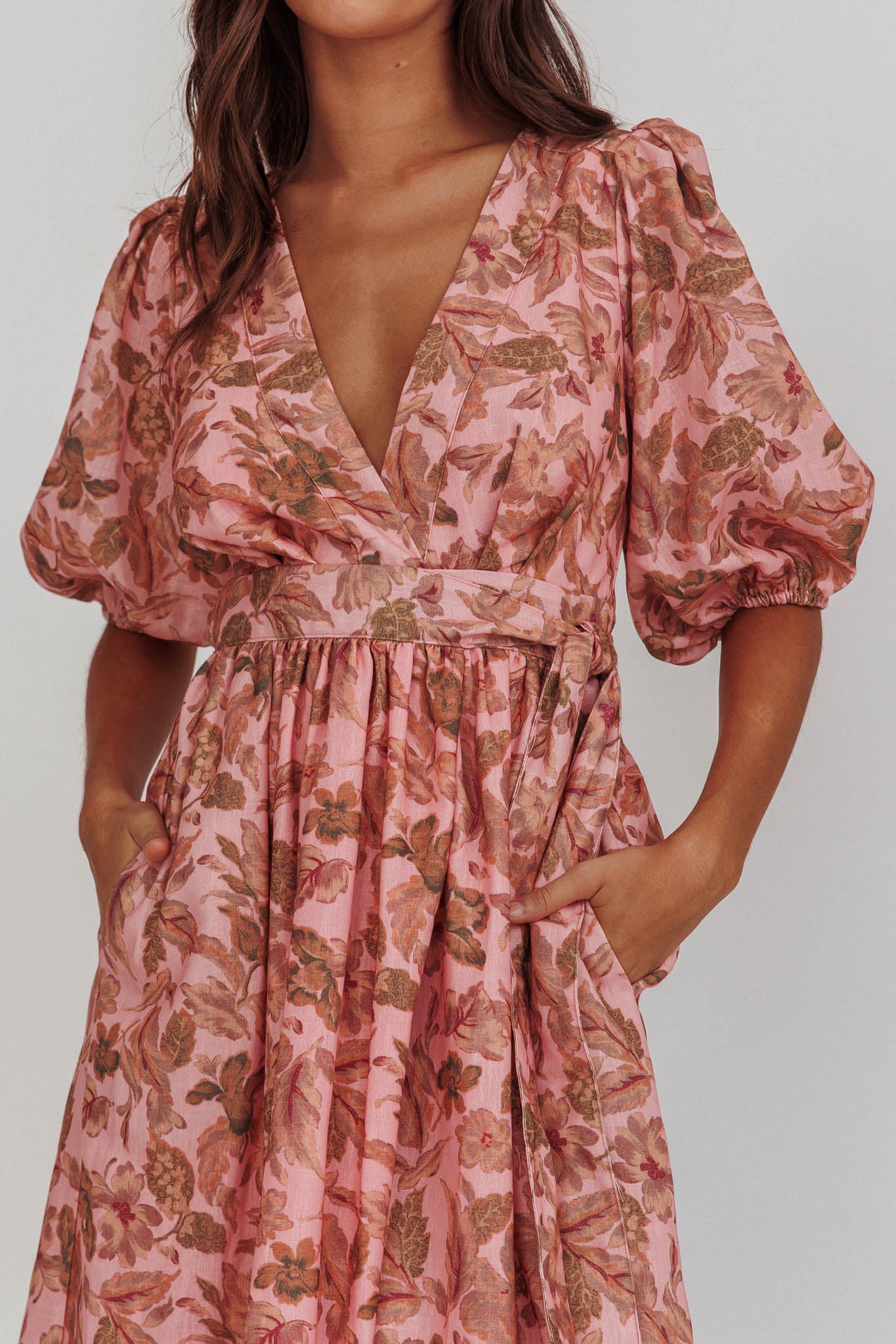 Doris Floral Puff Sleeve Midi Wrap Dress Blush Selfie Leslie Doris Floral Puff Sleeve Midi Wrap Dress Blush Selfie Leslie