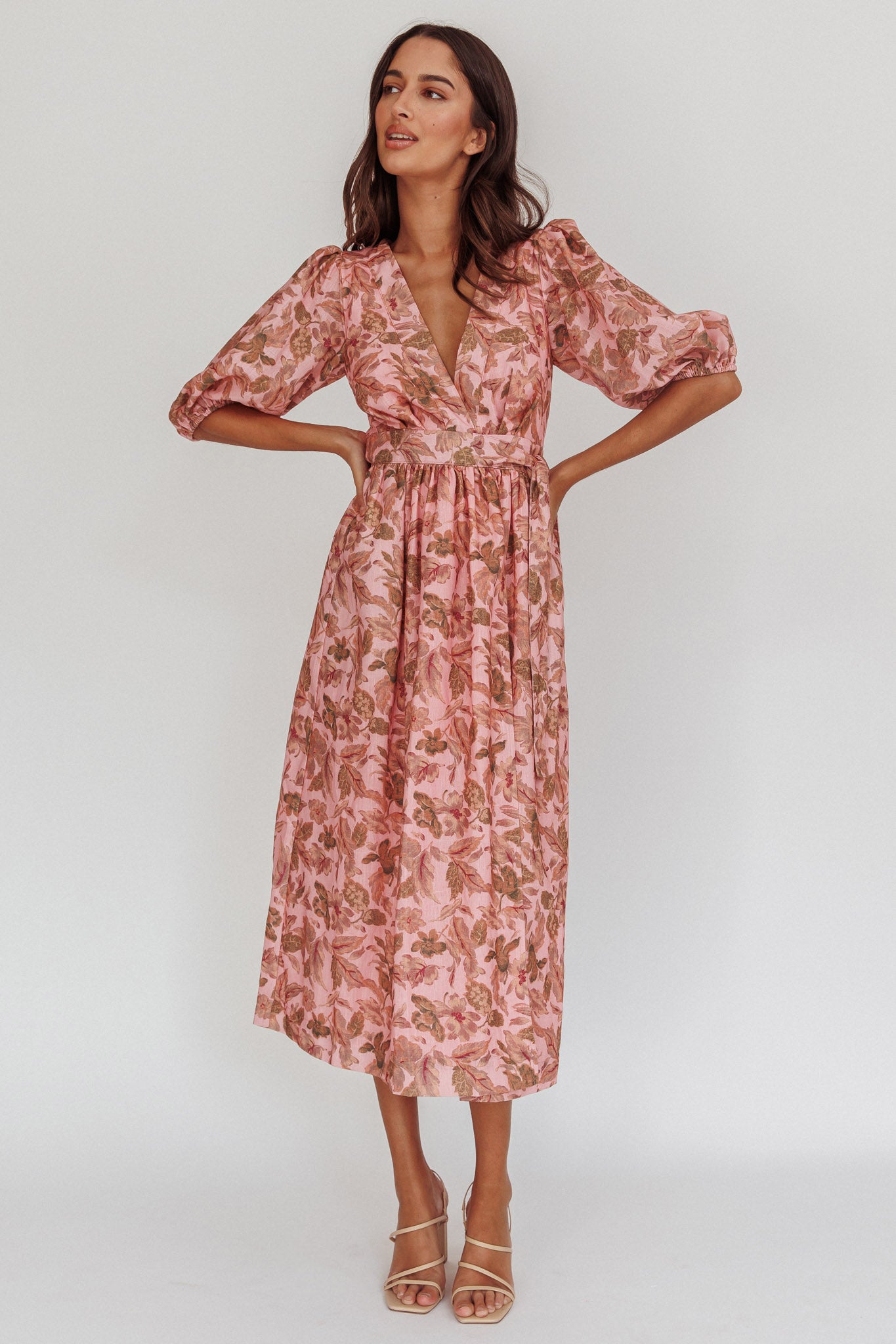 Doris Floral Puff Sleeve Midi Wrap Dress Blush by Selfie Leslie