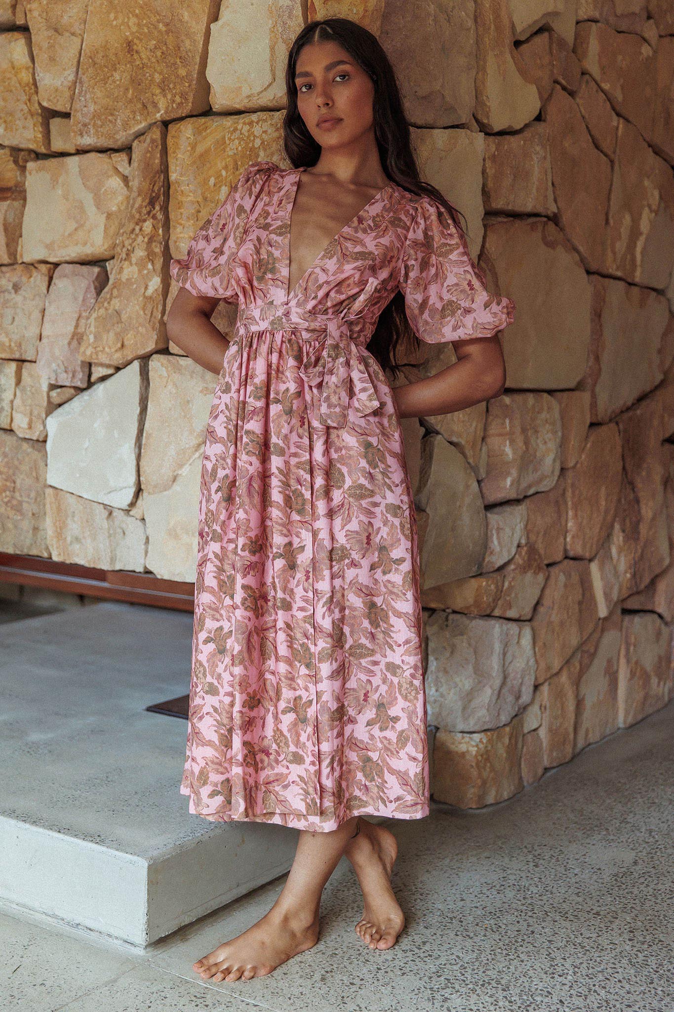 Shop the Doris Floral Puff Sleeve Midi Wrap Dress Blush