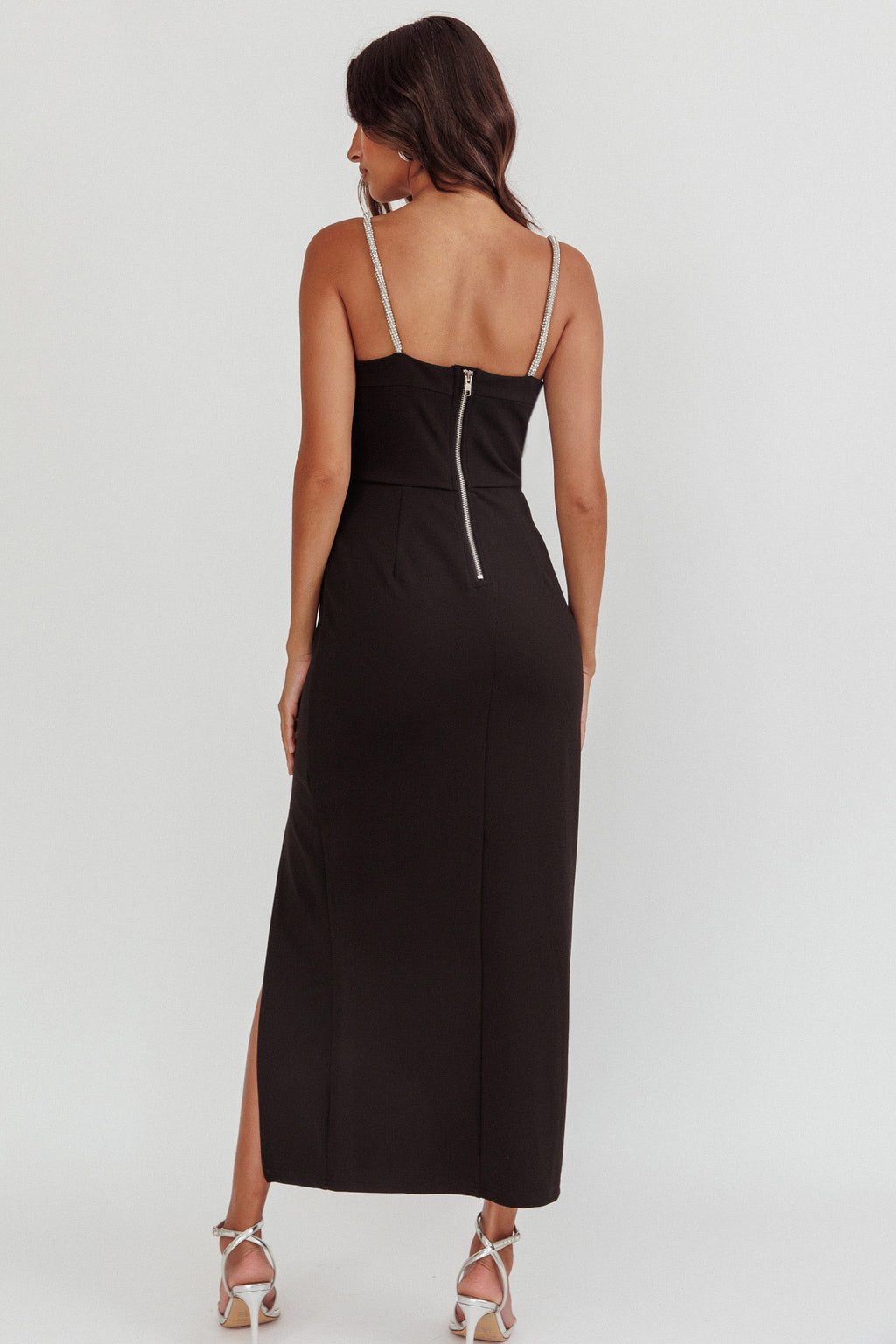 Outspoken Diamante Straps Midi Dress Black by Selfie Leslie