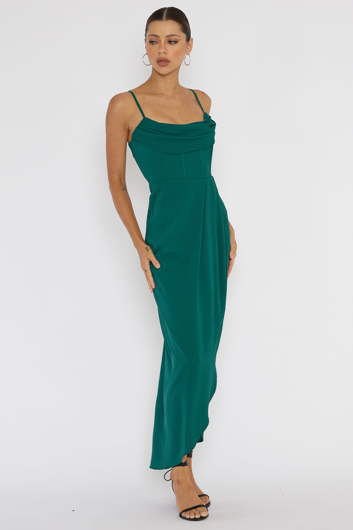 Patrice Draped Neck Split Midi Dress Forest Green S Patrice Draped Neck Split Midi Dress Forest Green S