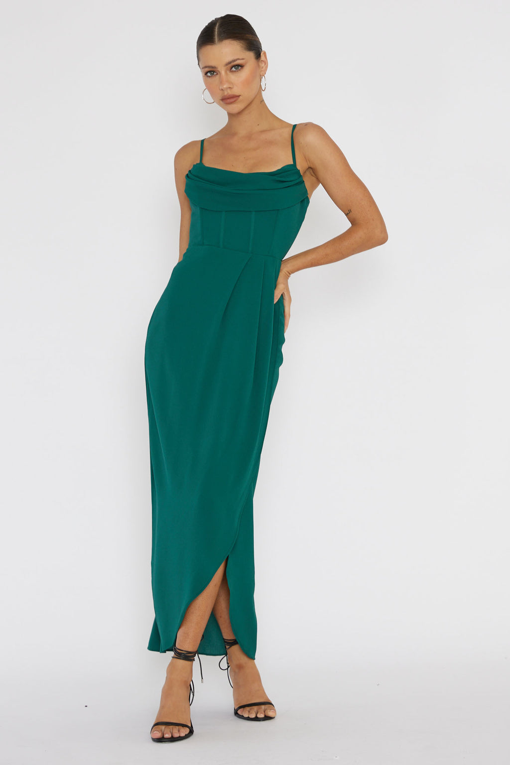 Patrice Draped Neck Split Midi Dress Forest Green by Selfie Leslie